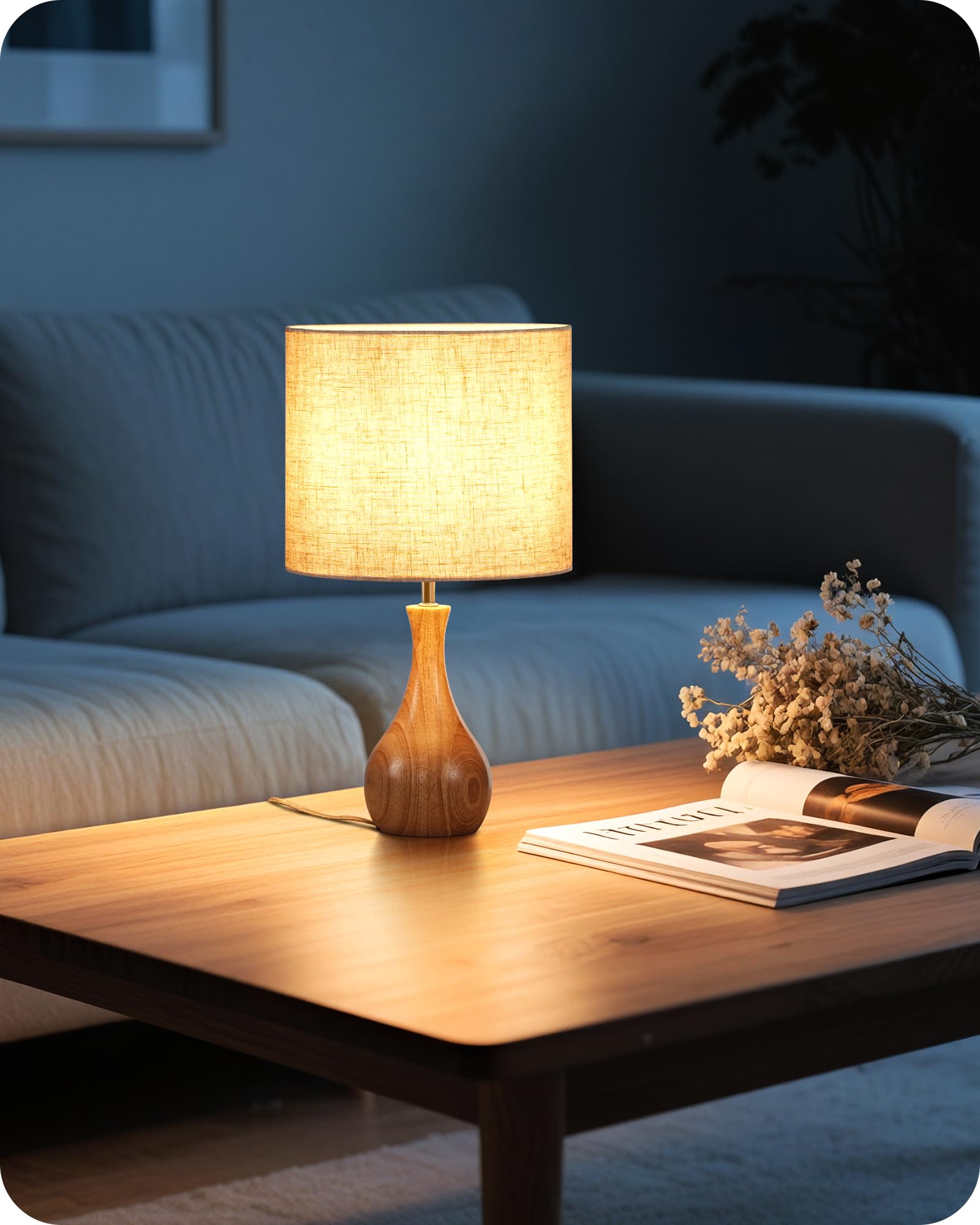 Lampada da comodino in legno, moderna lampada da tavolo per soggiorno, beige | Lampada da tavolo con cavo, lampada da davanzale in lino, E27, 2700 K, per camera da letto, comodino, regalo, hotel
