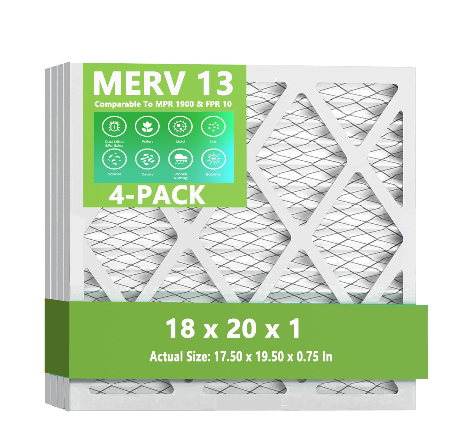(4 Pack) 18x20x1 Furnace Air Filters, MPR 1900 & FPR 10, MERV 13 Pleated Air Filter (Actual Size: 17.50" x 19.50" x 0.75")