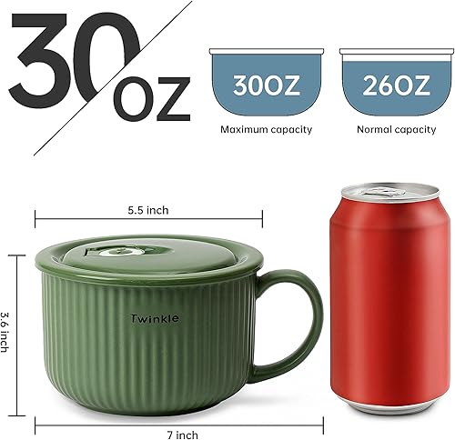 Miniatura 2 de 2 tazones de sopa de cerámica con asa y tapa ventilada, taza grande de sopa de 30 onzas para sopa de cereal de fideos instantáneos, recipientes de