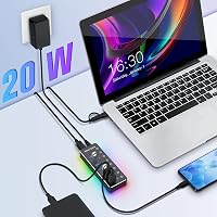 RSHTECH 7 portos USB 3.0 Hub RGB világítással, alumínium, 20W tápegység 7