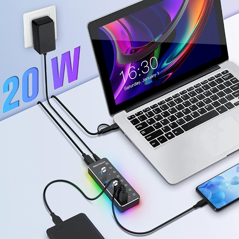 RSHTECH 7 portos USB 3.0 Hub RGB világítással, alumínium, 20W tápegység