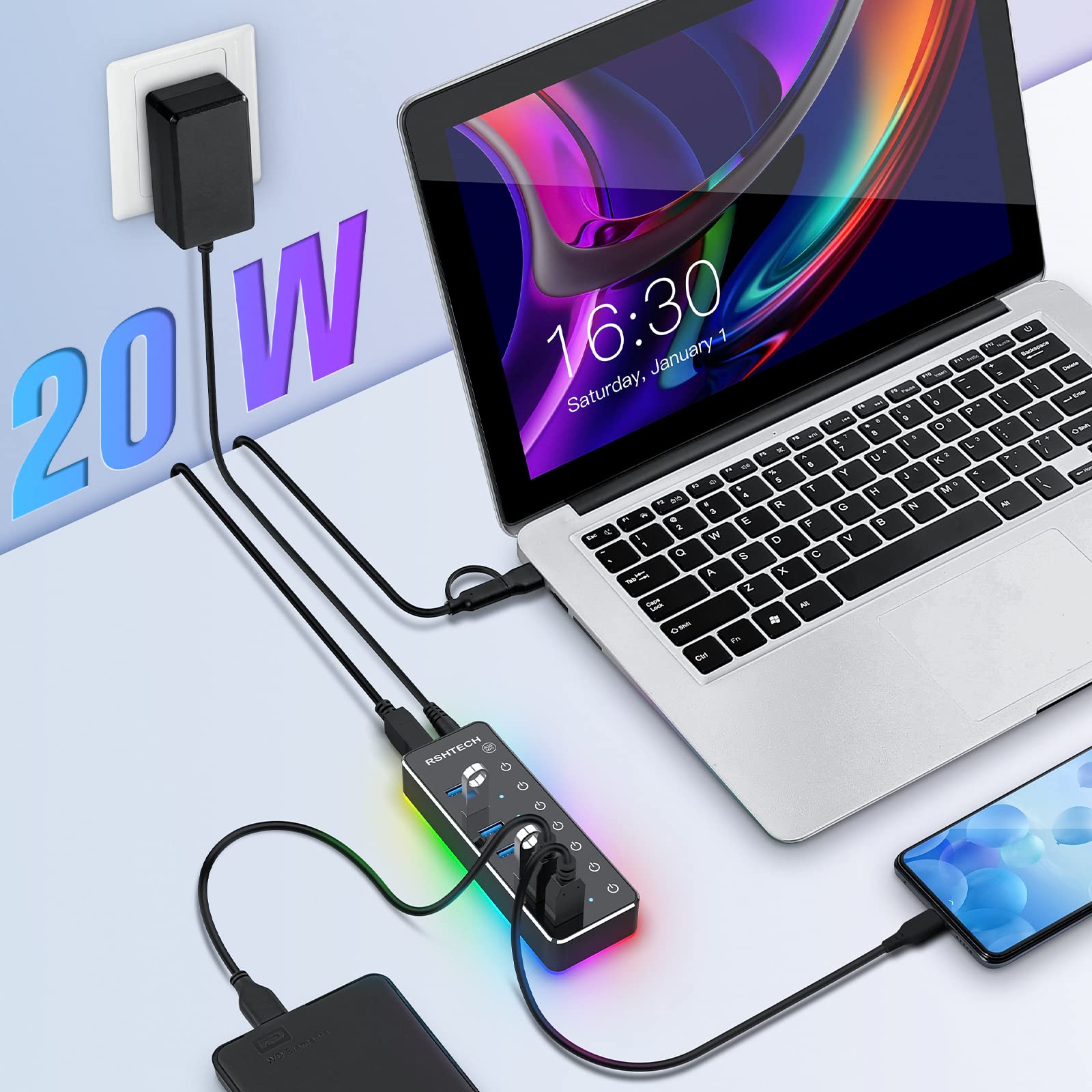 RSHTECH RGB USB 3.0 koncentrator aluminiowy 20 W USB Hub Active 3.0, 14 trybów oświetlenia RGB i zasilacz 5 V/4 A, RSH-518R"
