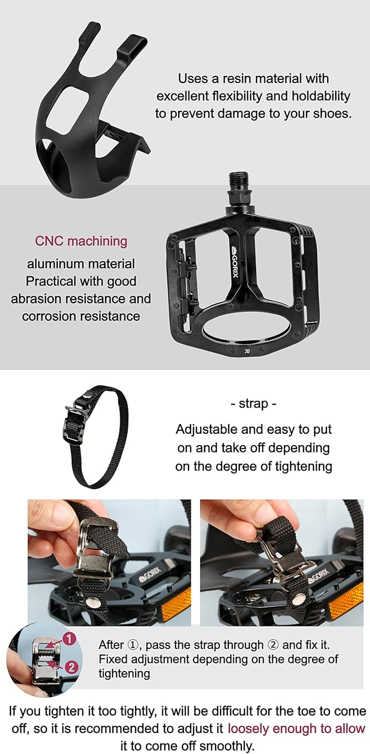 GORIX Bike Flat Pedals Toe Clip Set with Strap Road Mountain MTB Spin Bike Bicycle (GX-TOE829)