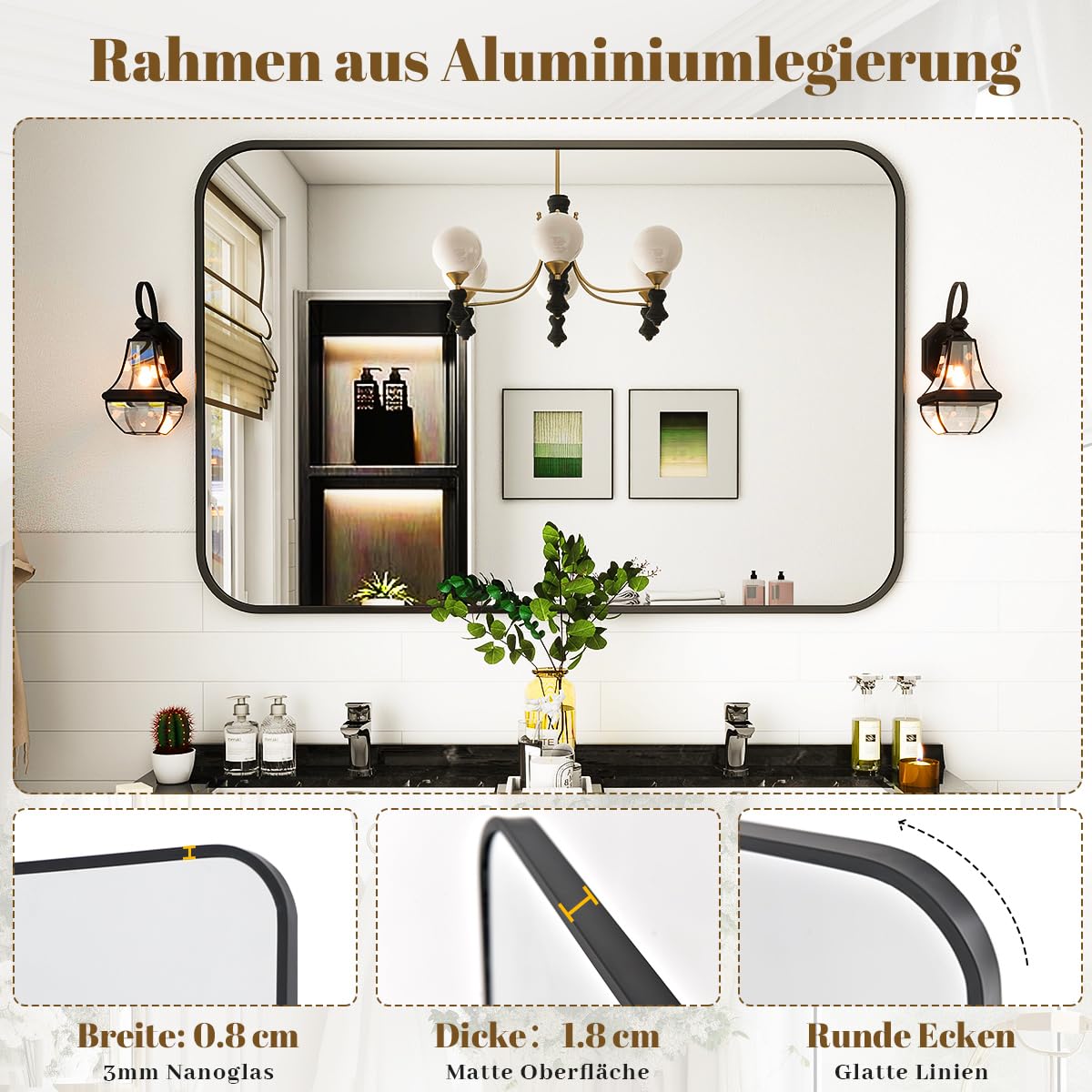 Koonmi Czarne lustro ścienne, 75 x 122 cm, okrągłe narożne lustro łazienkowe, Morden Lustro ścienne ze stopu aluminium do montażu na ścianie poziomo lub pionowo, czarne