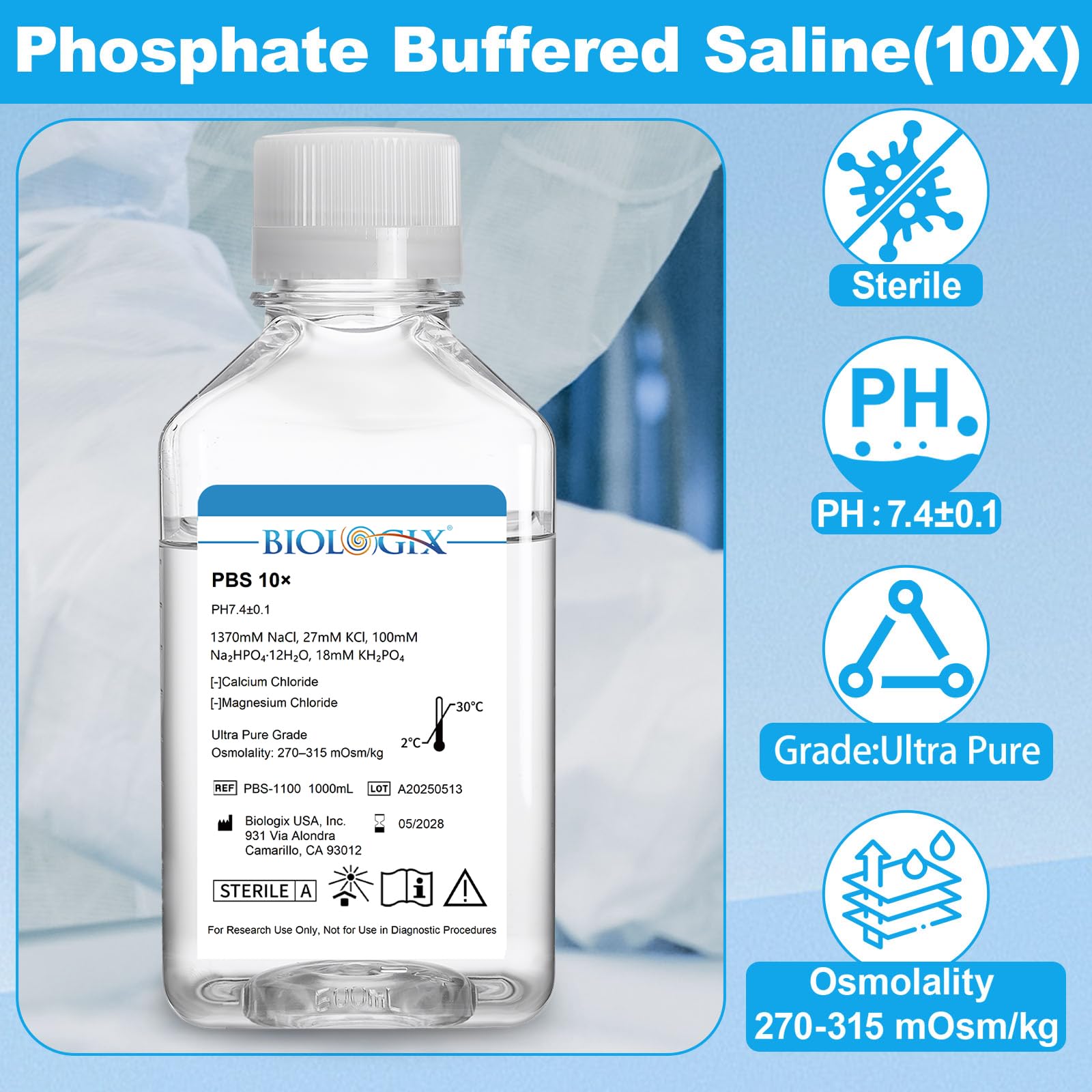 6 pezzi 1000 ml di soluzione tampone di fosfato, soluzione tampone PBS, filtrazione 0.1um, 7.4 PH, 10 concentrati, sterilizzazione, 1000 ml/flacone (6 pezzi da 1000 ml)