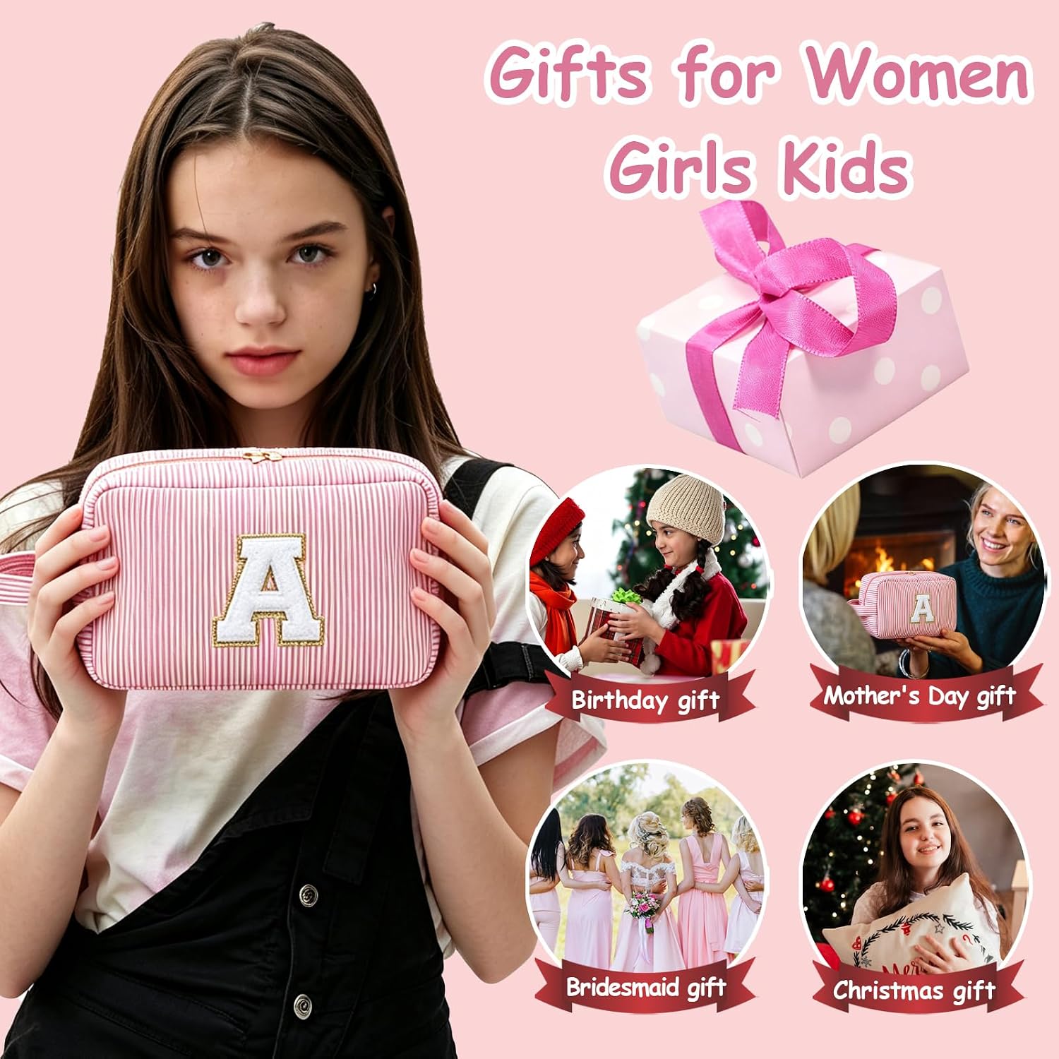Personalized Initial Makeup Bag A-Z for Women Girls Kids-Pink, P image 3