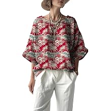 3/4 Sleeve Tops for Women Hawaii Tropical Flowers Beach Round Neck Plus Size Comfy Womens Hawaiian Shirts