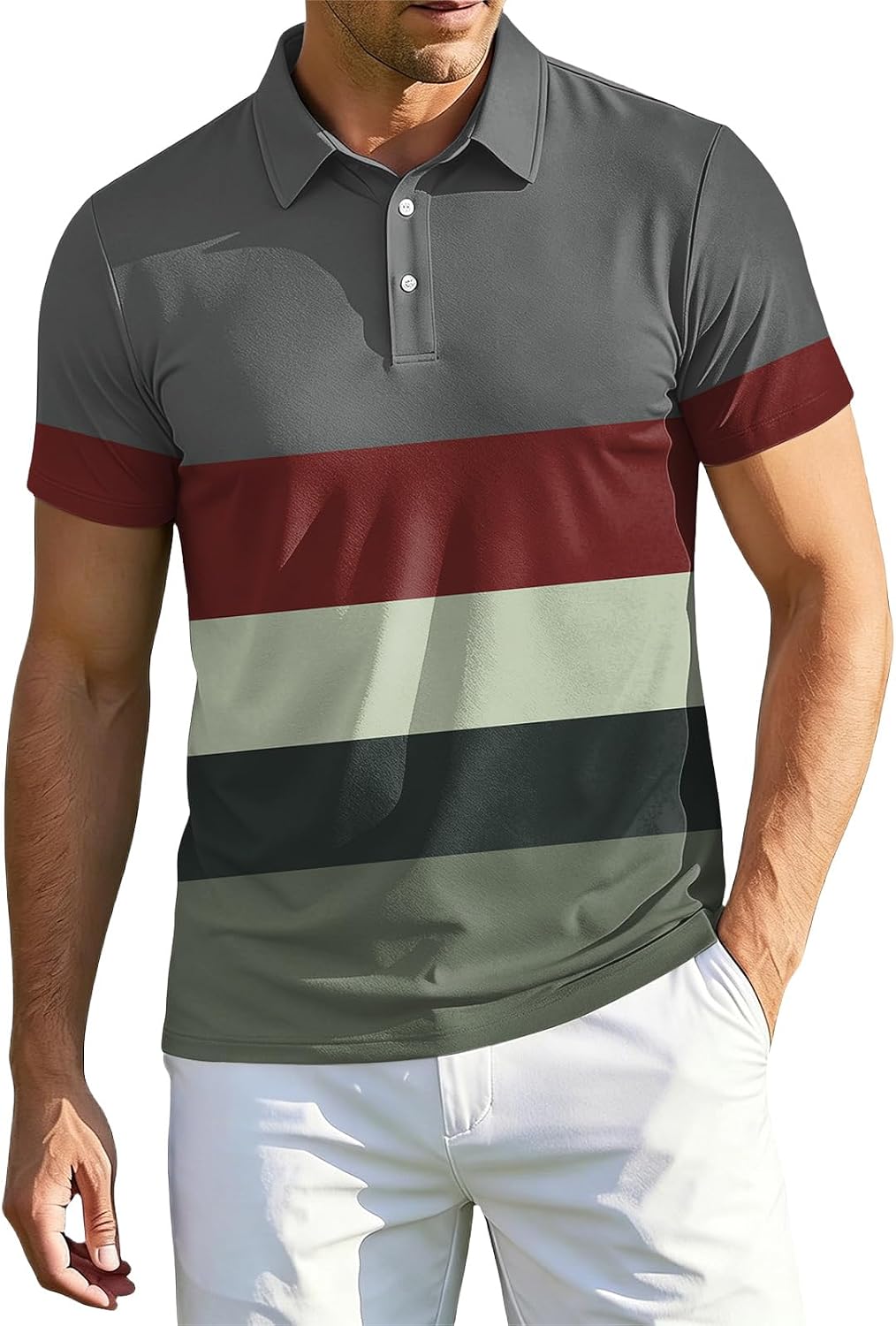 Ymosrh Mens Breeze Polo Shirts Short Sleeve Striped Print Summer Casual Performance Active Tennis Golf Shirts, S-3XL