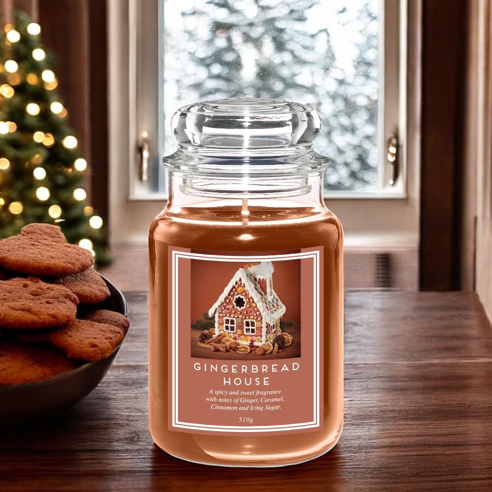 Fabfinds Multi Large 18Oz Scented Glass Jar Candle Natural Soy Wax Gift Fragrance (Free 8Pcs Wax Melt) Burn Time: 104 Hours (Gingerbread)