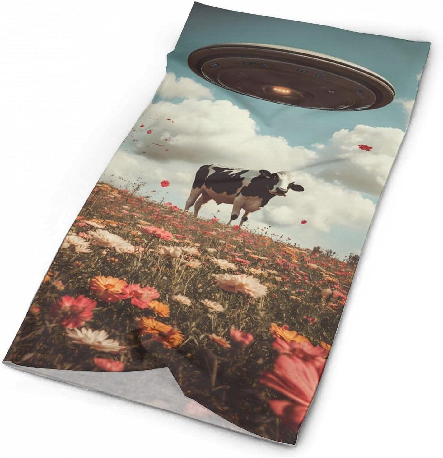 Spaceship Cow Flying Over Flower Fields Neck Gaiter Windproof Face Mask Bandanas for Men Women Cold Weather Scarf