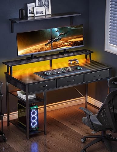 Miniatura 6 de Rolanstar Escritorio para computadora con tomas de corriente y luz LED, escritorio de oficina en casa de 47 pulgadas con 3 cajones y estantes de