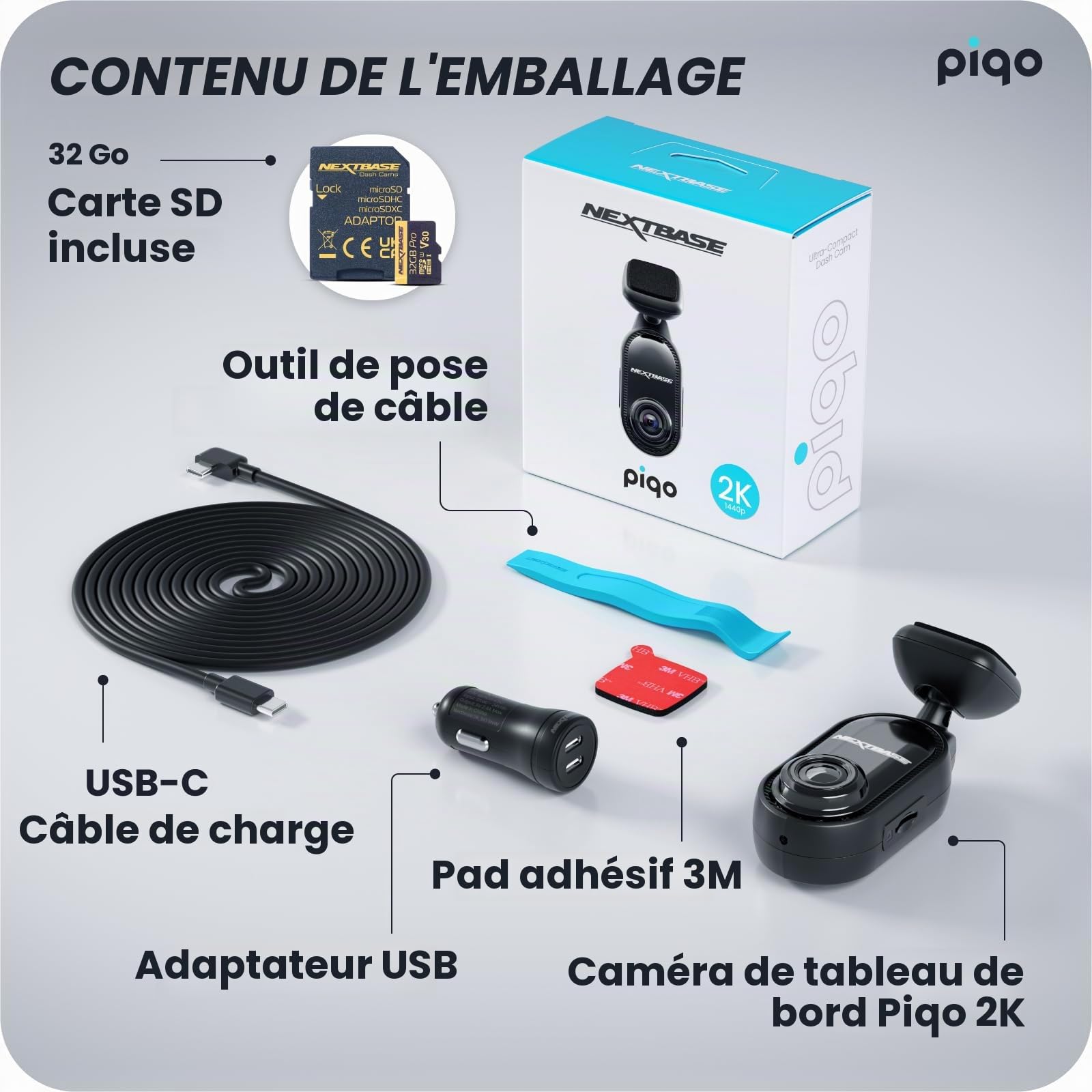 Nextbase Piqo Caméra embarquée 2K+SD 32Go | Caméra de voiture compacte QHD sans écran | Surveillance du stationnement et enregistrement en boucle