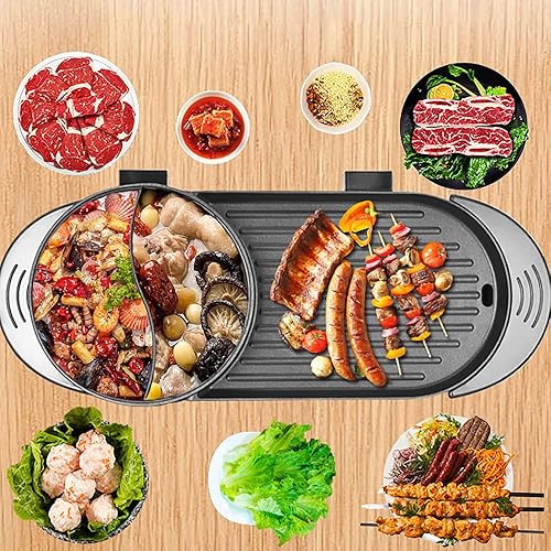 Parrilla eléctrica portátil 2 en 1 sin humo, multifuncional Teppanyaki Hot Pot Grill Barbacoa Set Coreano Hot Pot Grill Interior de gran capacidad