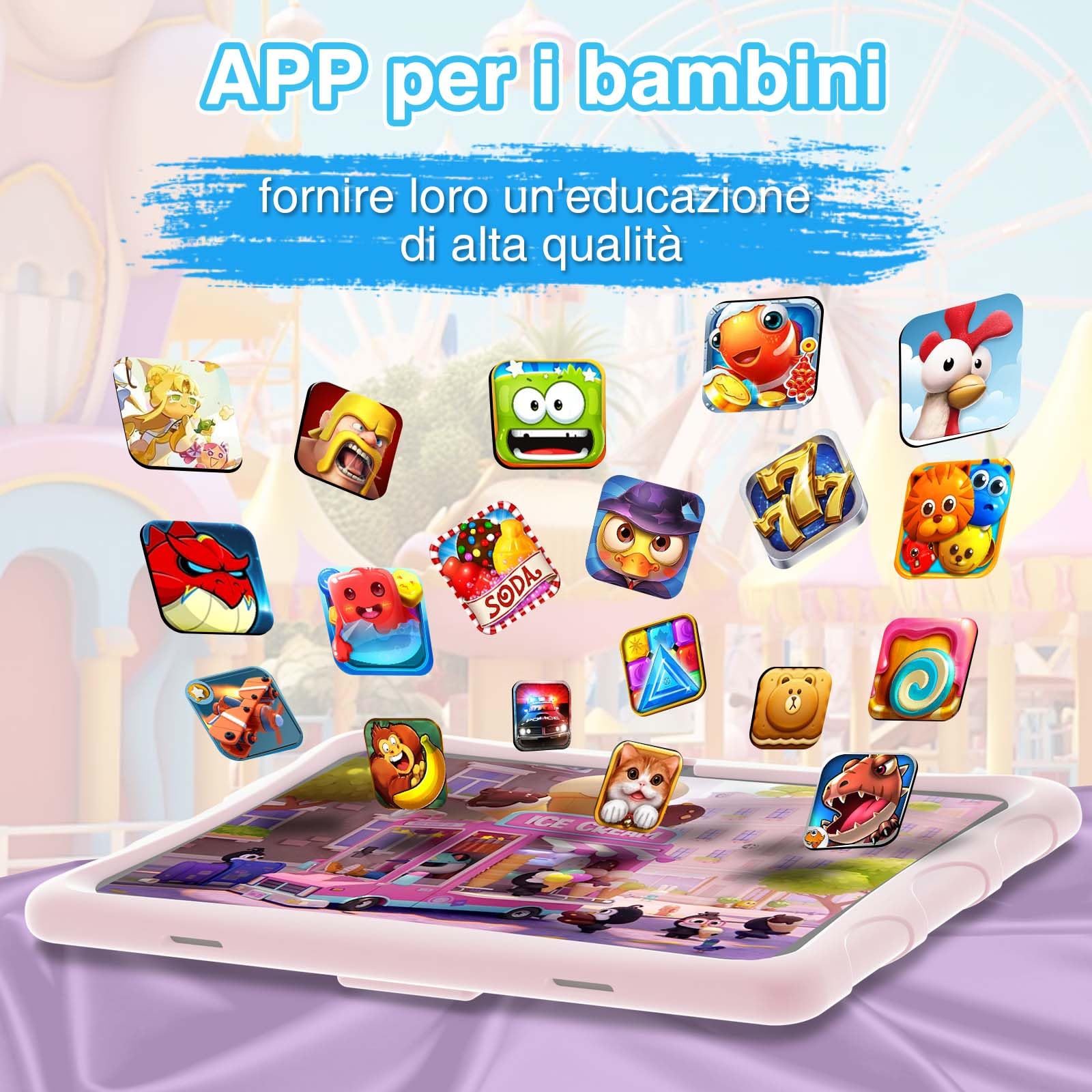 U10 KID Tablet Bambini 10 Pollici, Controllo Parentale, 9GB+128GB/TF 1TB, Android 13, Custodia Antiurto EVA, Kids Space, WIFI6, 8MP+5MP, 5060mAh, Widevine L1, Rosa