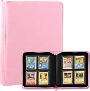 Top Loader Binder, Holds 128 Toploaders, Toploader Binder with 4 Pockets in 3"x 4" Toploaders, P U Leather Card Binder, Card Holders for Trading Cards & Sports Cards, Compatible with TCG, MTGPink