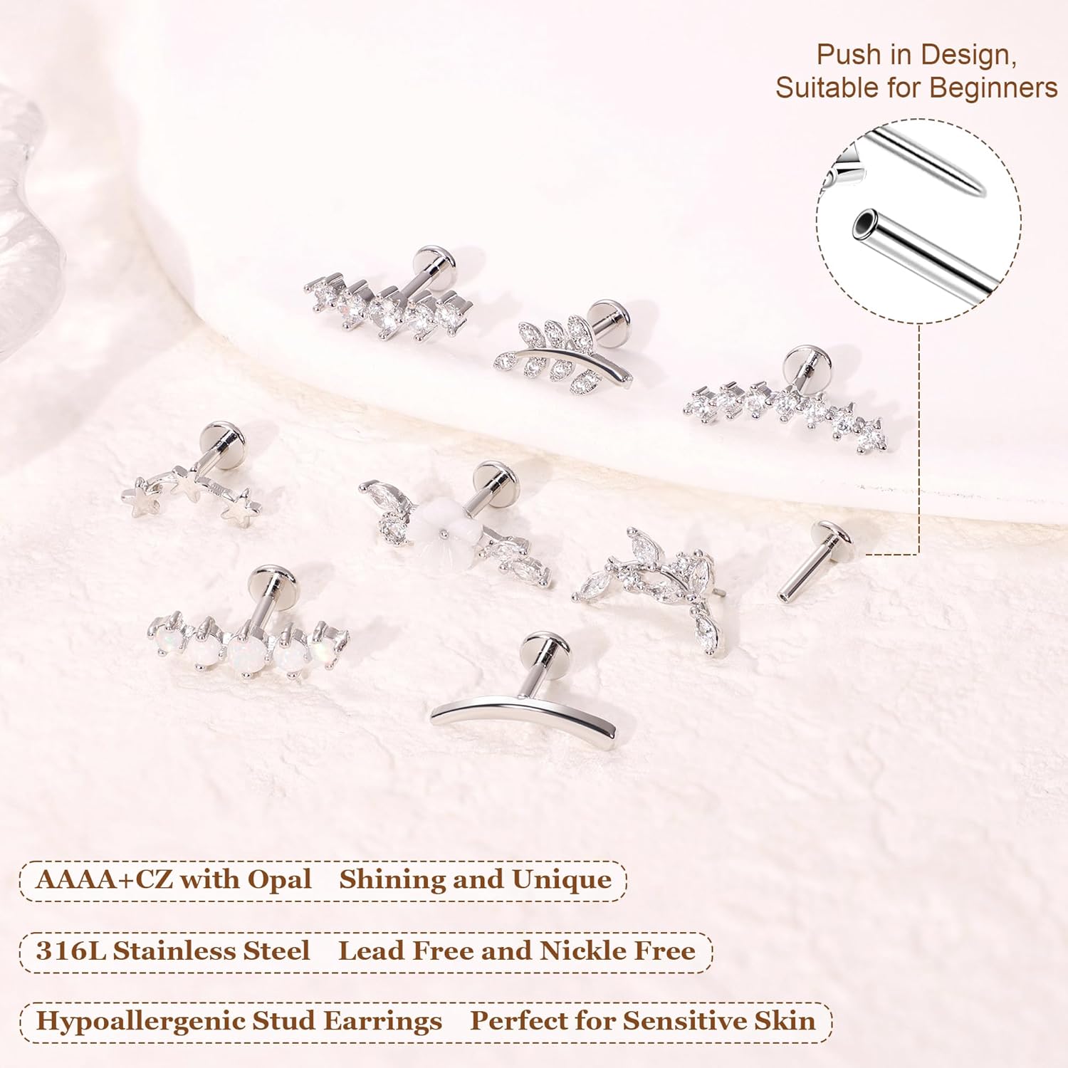 8PCS 16G 14K Gold Threadless Cartilage Stud Earrings for Women 316L Stainless Steel Push in Earrings CZ Helix Flat Back Stud Earrings Hypoallergenic Flower Star Leaf Conch Earrings 6/8mm - Image 3