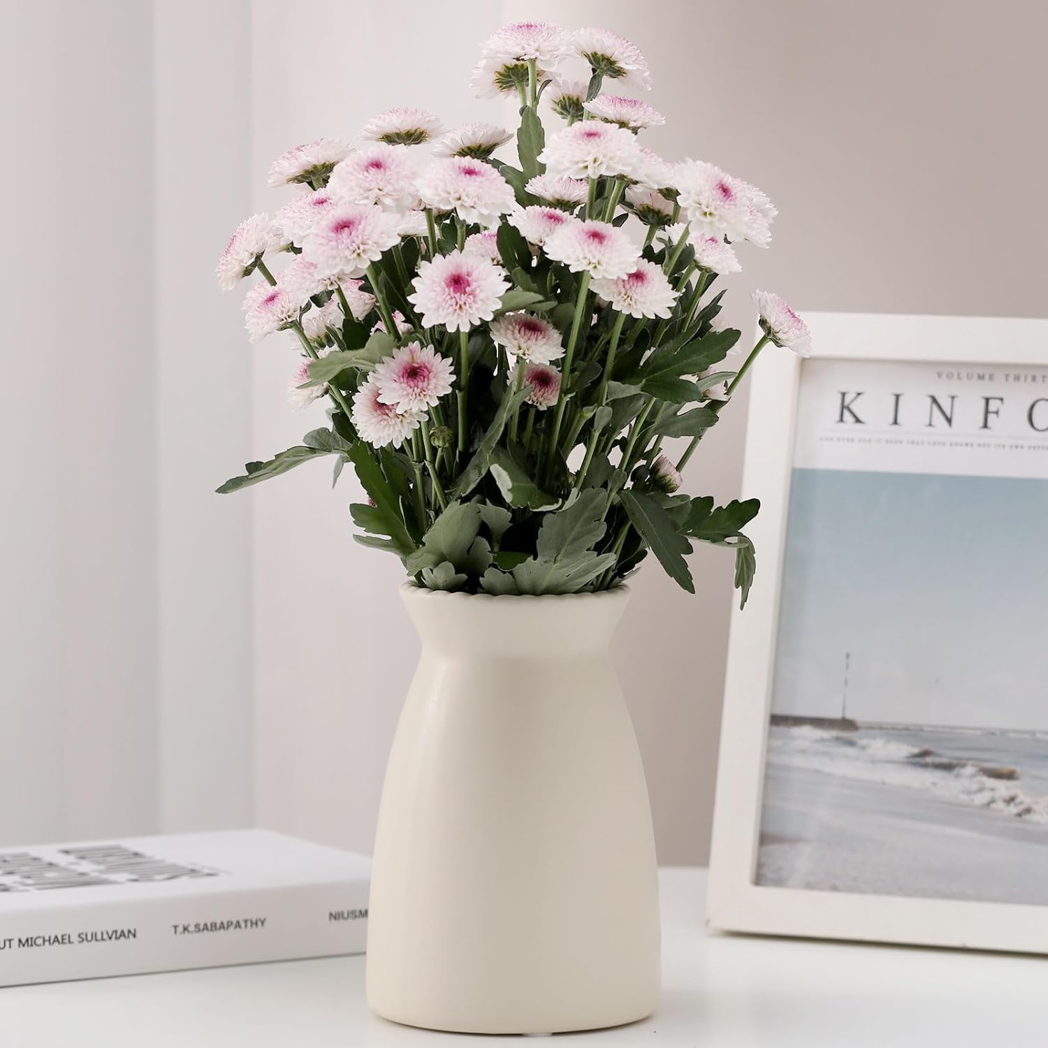 hjn White Flower Vase – Minimalist Ceramic Vase, Decor Vases for Flowers/Centerpieces/Table/Office/Living Room/Bookshelf/Mantel/(Cream White)