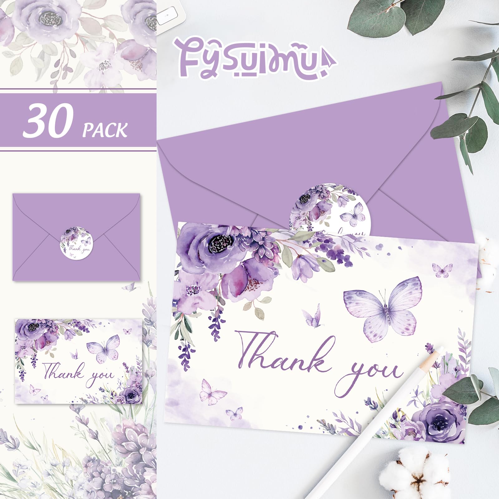FYSUIMU Paquete de 30 tarjetas de agradecimiento florales moradas, acuarela, lavanda, mariposa, tarjetas de felicitación con sobres, calcomanías en blanco, tarjetas de notas en blanco para cumpleaños