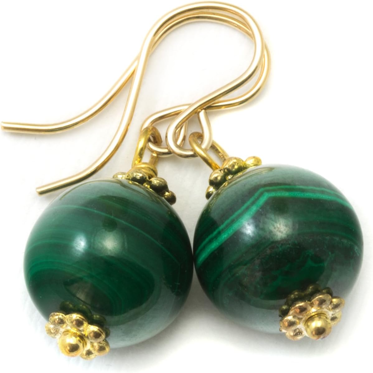 14K Yellow Gold Malachite Earrings Green Round Smooth Simple Classic Drops Striped Banding Goldtone Beaded Accents Spyglass Designs