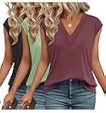 3 Pack Womens Tops V Neck Cap Sleeve T-Shirts Summer Beach Vacation Clothes 2025 Spring Casual Outfits Fashion Basic Tee