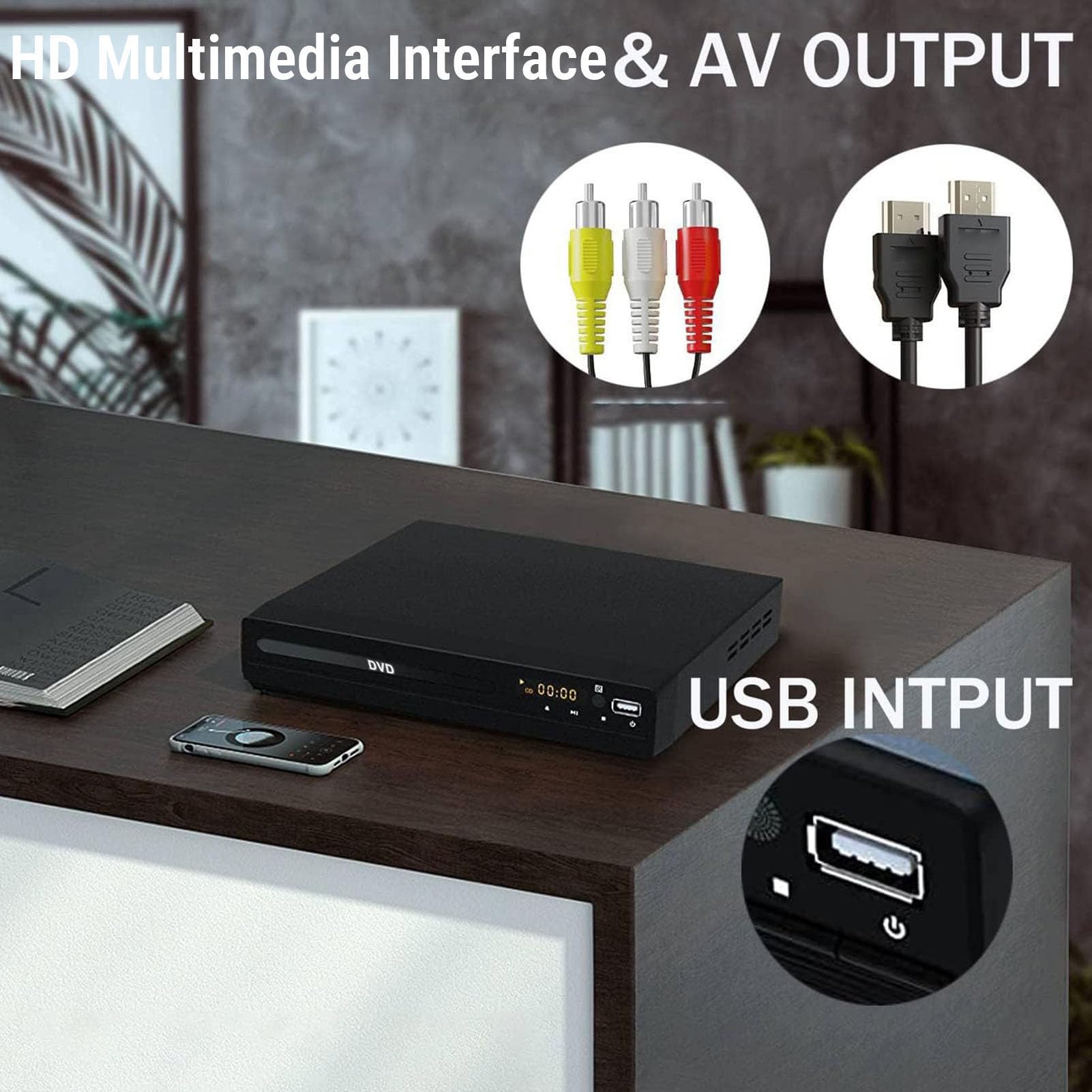 XUMIUZIY Odtwarzacz DVD HDMI do Projektora Telewizyjnego, Odtwarzacz CD DVD dla Wszystkich Regionów z Pilotem i Portem USB, Skalowanie do 1080P, Obsługa NTSC i PAL (wtyczka UE)