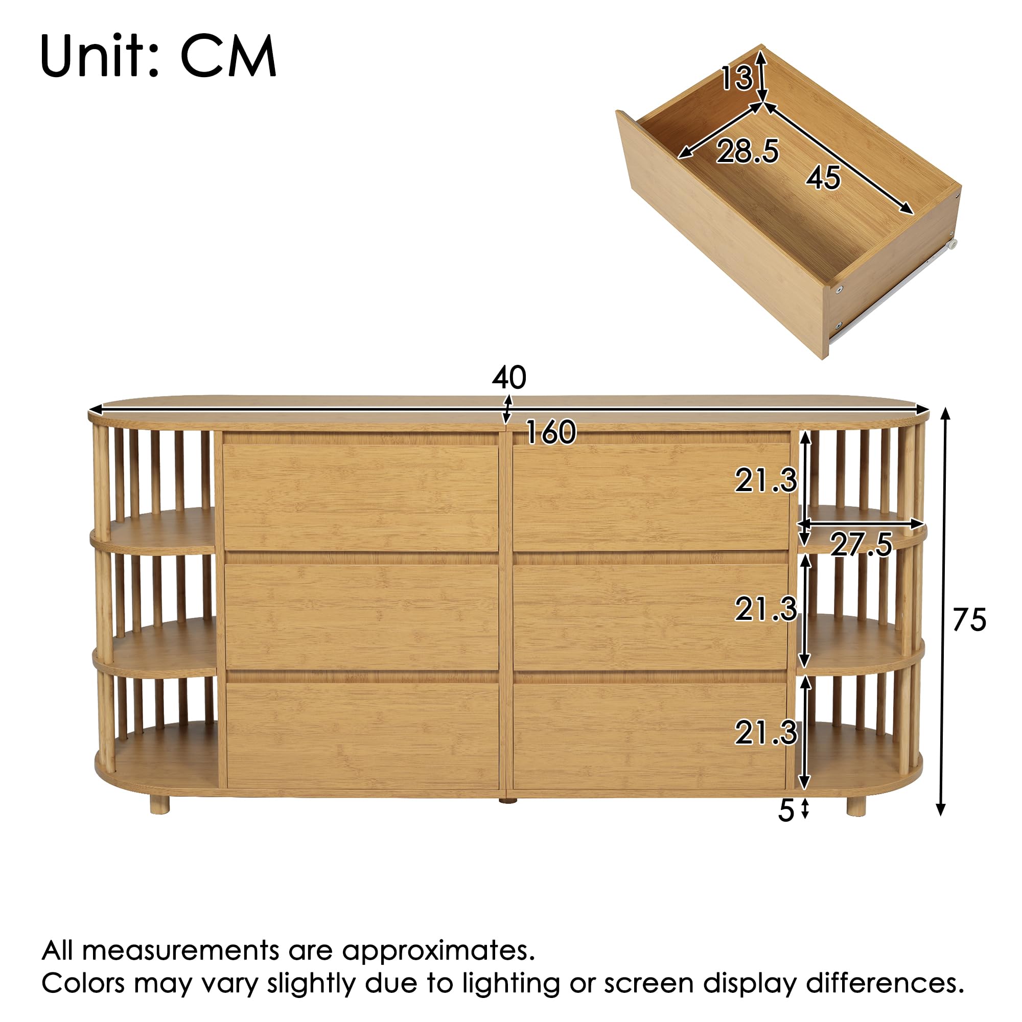 Kommode Sideboard 160 cm Eiche – Römisches Design mit Säulen, 6 Schubladen & Bambus-Regalen, Höhenverstellbare Füße, Stilvoller Stauraum für Wohnzimmer & Flur (Eiche Natur)