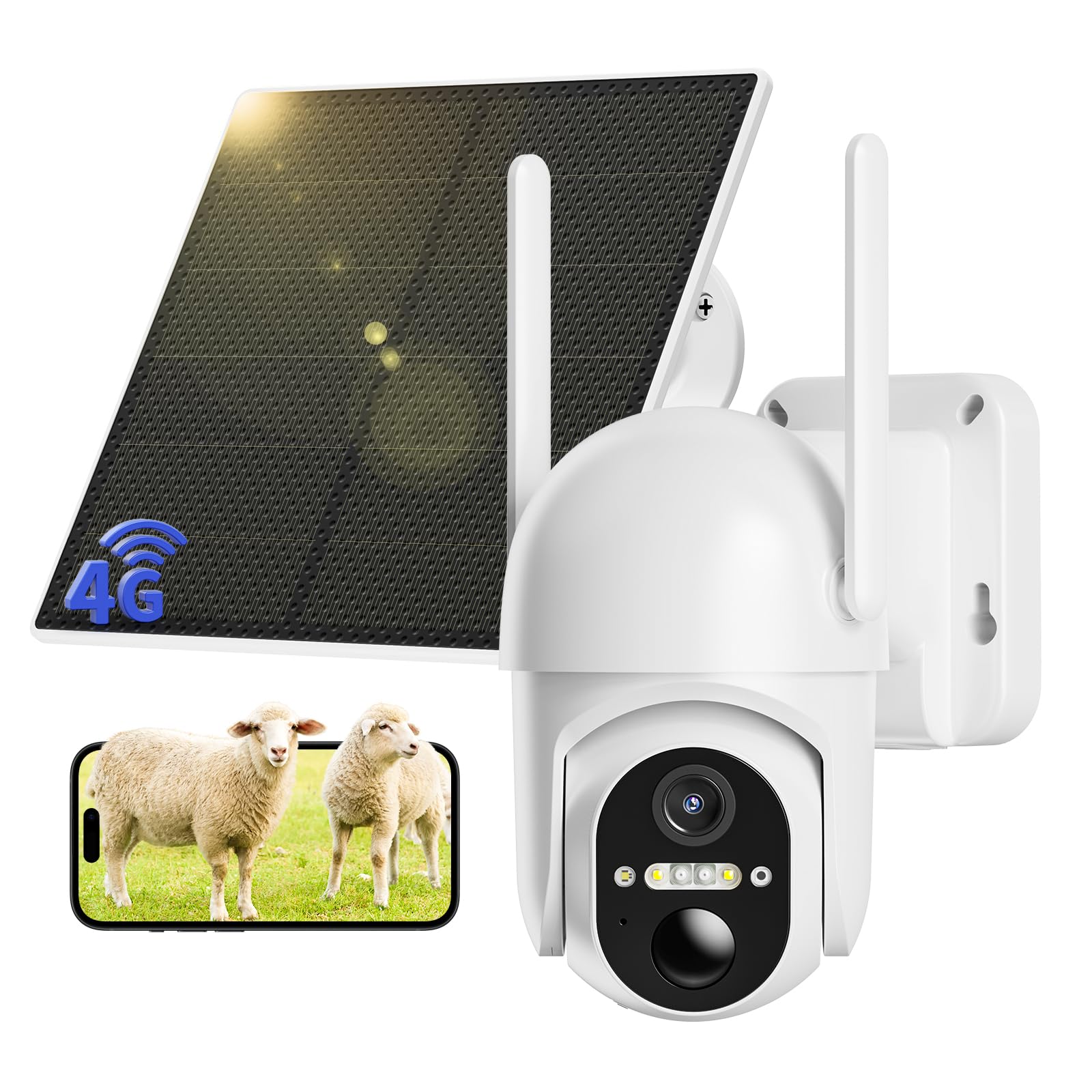 Caméra de Surveillance extérieure 4G LTE- Batterie avec Carte SIM- Caméra PTZ Solaire sans Fil 2K- sans Wi-FI- Pivote à 355°/100°- Vision Nocturne Couleur- Audio- Détection Humaine PIR- IP66