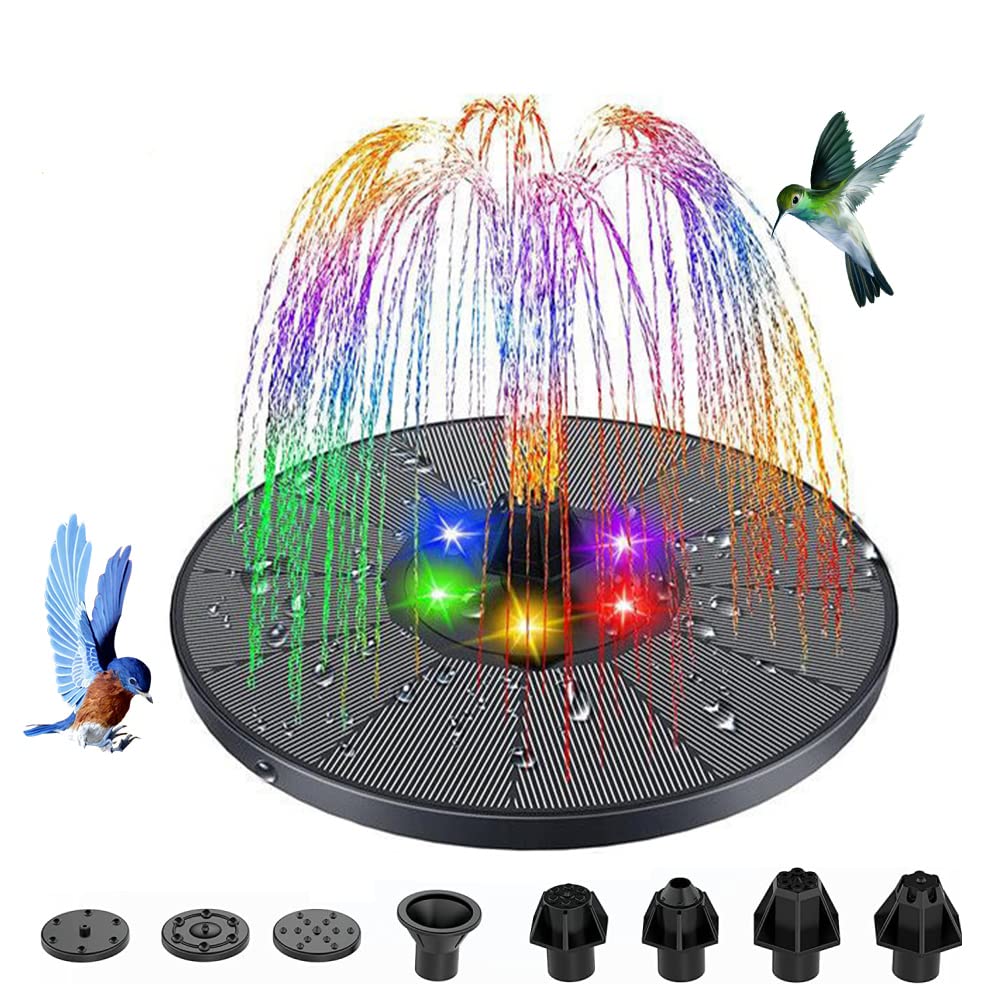 YOUNICE Fuente solar de 3 W, 160 mm, con luz LED de color y batería integrada de 2500 mAh con 8 boquillas, bomba solar para bebederos de pájaros, estanques pequeños, peces, decoración de jardín