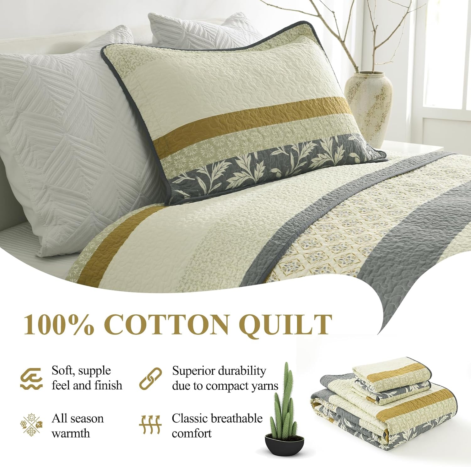 DDUOXIN Stripe Queen Size Quilt - 100% Cotton Soft Reversible Queen Quilt with 2 Pillow Shams, Floral Print Bedspread Lightweight Comforter Bedding Set, Gold/Gray/Beige