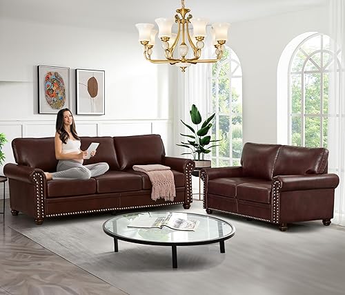 Miniatura 3 de Antetek Juego de sofá de piel sintética de 3 piezas, sillón moderno de mediados de siglo+sofá biplaza+sofá de 3 plazas con espacio de Marrón,Negro