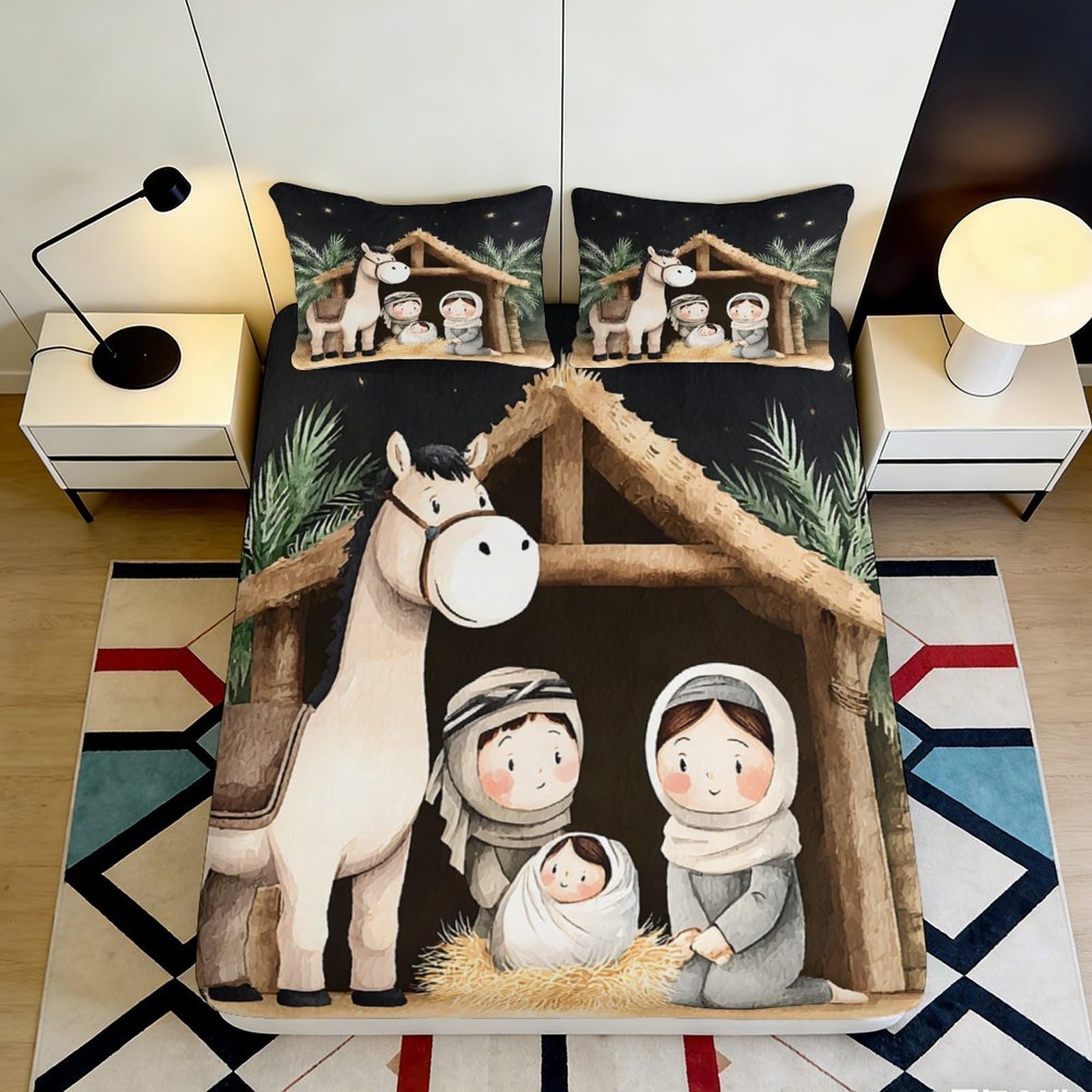 3D Printed Nativity Scene Fitted Sheet Microfiber Christmas Stable Bed Cover for Bedroom Guest Room Decor 90x200x25cm