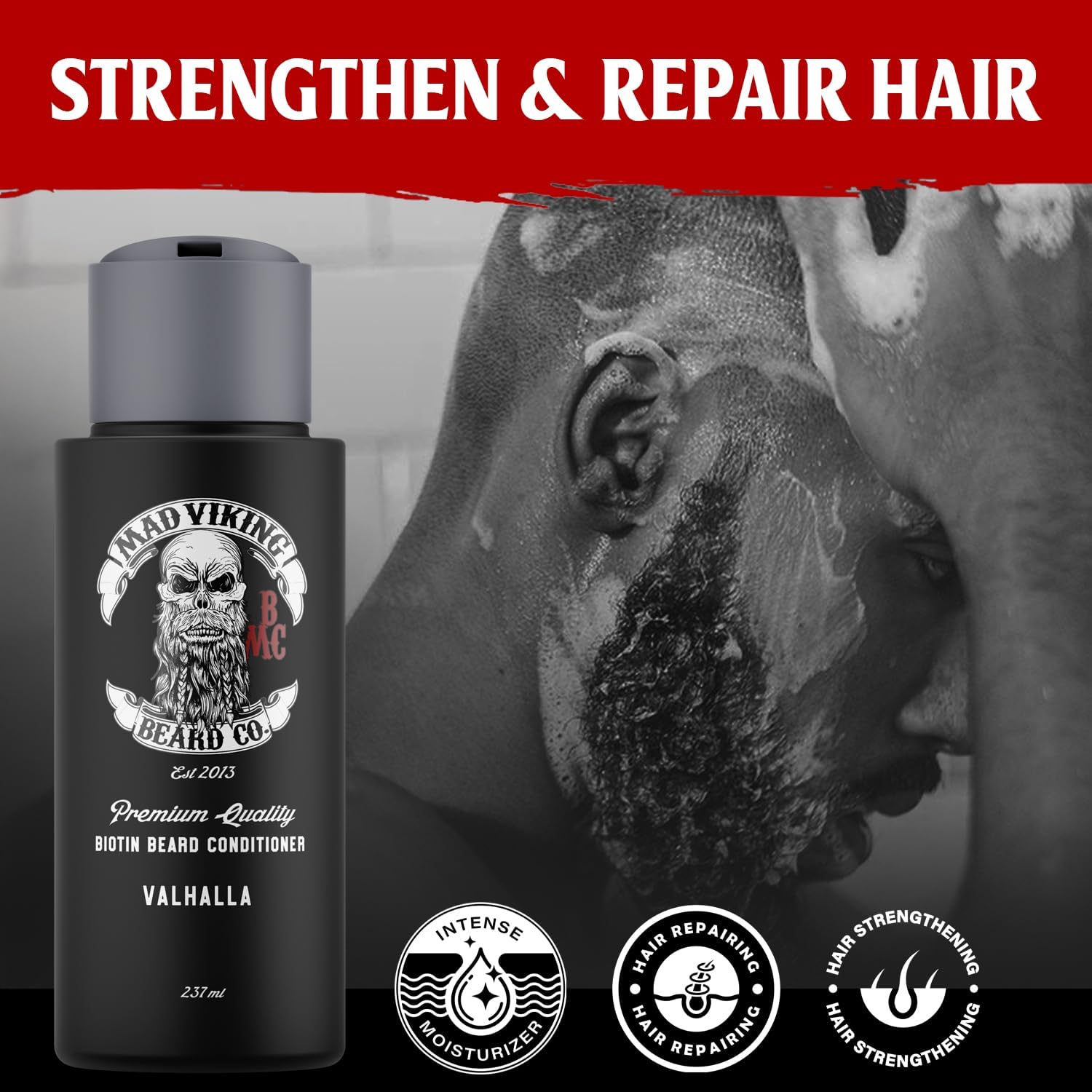 Mad Viking Valhalla Biotin Beard Wash + Conditioner Bundle – Beard Shampoo & Conditioner – Hydrate, Soften & Tame Frizz – Fights Itch & Flakes – Exotic Sandalwood + Vanilla – Made in USA (2-pack)