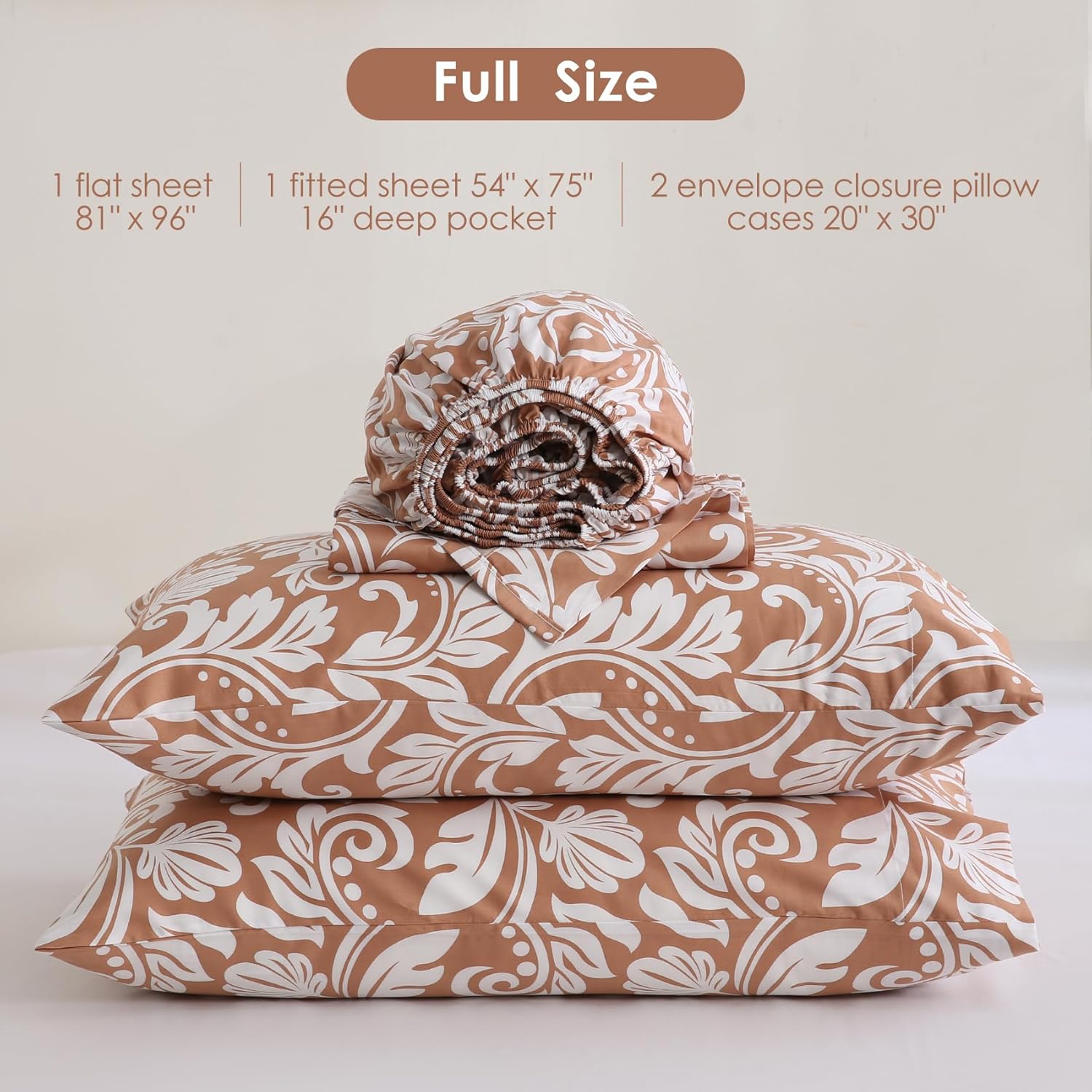JSD Burnt Orange Paisley Cotton Full Sheet Set, 300 Thread Count Printed Sateen Sheets, Soft Breathable Cooling Bed Sheets Deep Pocket - Image 7