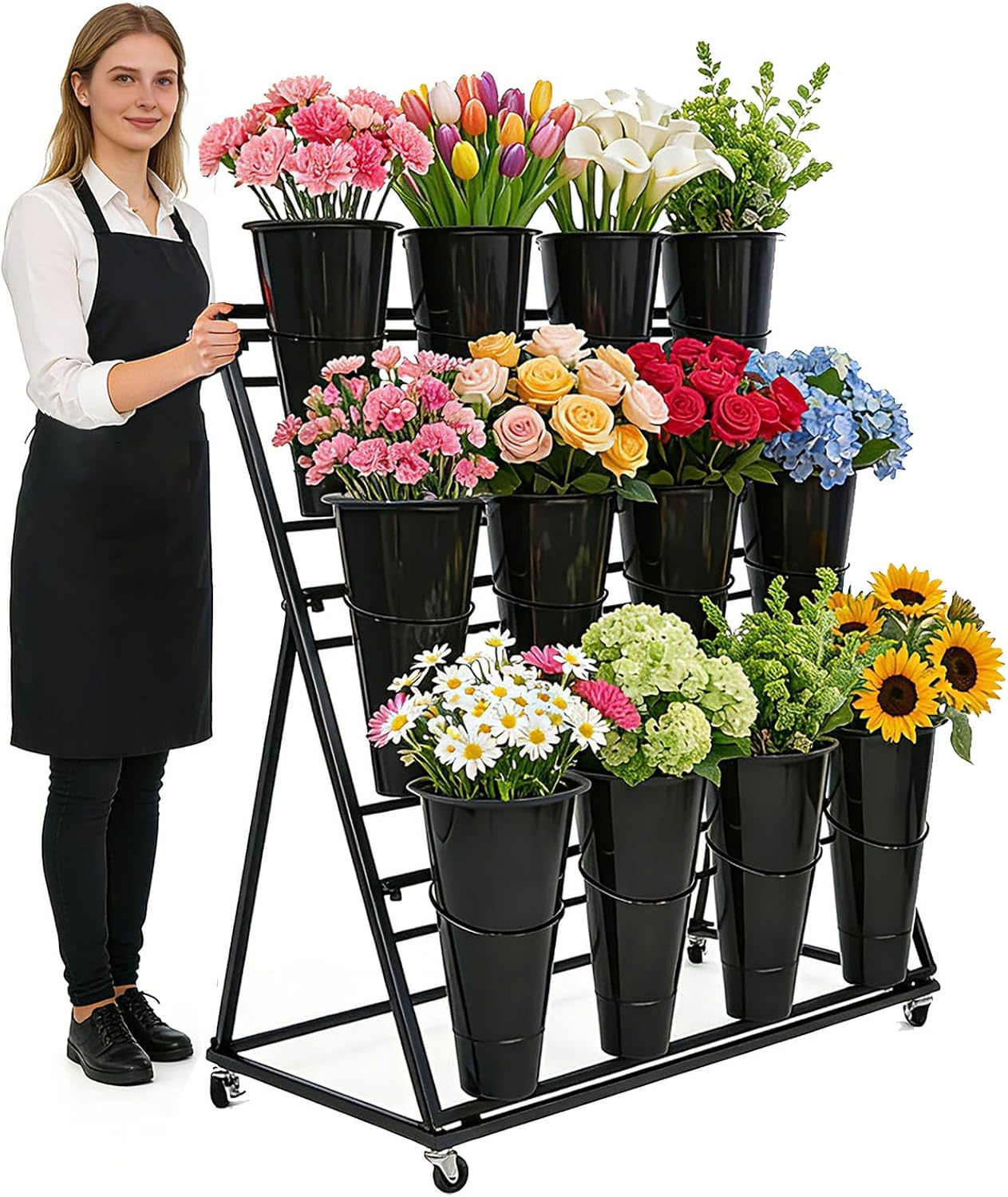 Flower Display Stand with 12 Buckets, 3 Layers Flower Bar Cart with Wheels, Metal Flower Plant Stand, Moving Florist Bouquet Shelf, for Outdoor Indoor Garden Patio Florist Weddings (B-Black)