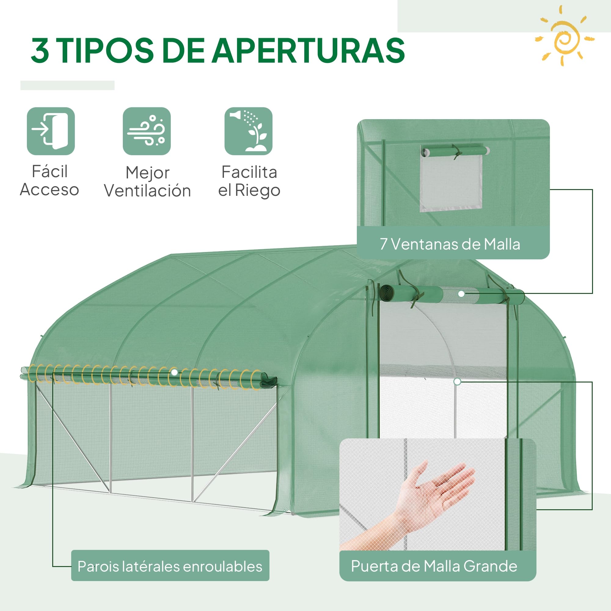 Outsunny Invernadero de Túnel 347x300x200 cm con Puerta Enrollable Verde | 6 Ventanas, Cubierta PE 140g/M² y Estructura de Acero Galvanizado para Cultivos, Plantas y Flores