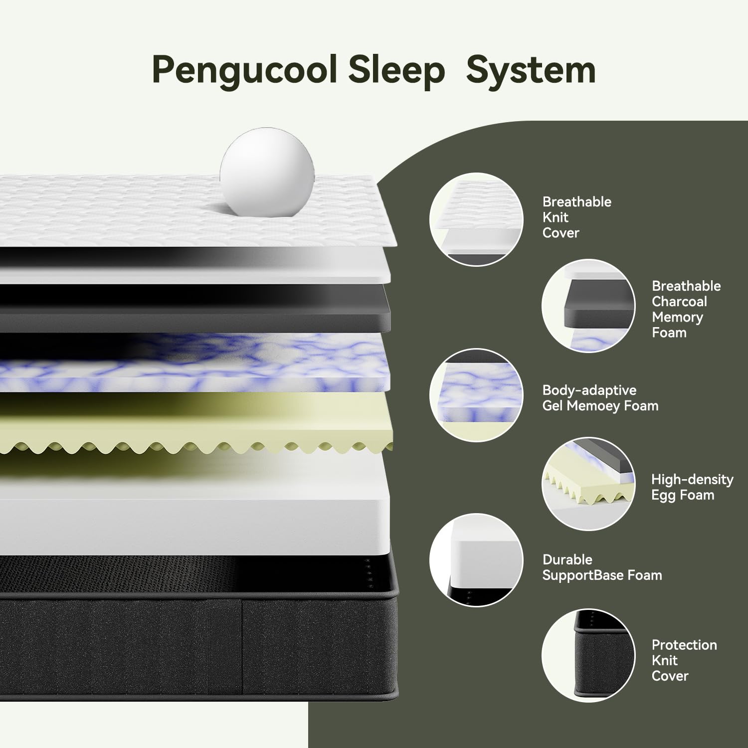 pengucool 10 Inch Queen Memory Foam Mattress, Cooling Charcoal Mattress in a Box, Medium Firm for Back Pain Relief, CertiPUR-US Certified, Fiberglass-Free Comfort and Support