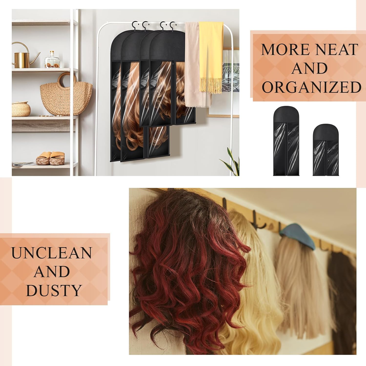 14 Pcs Extra Long Hair Extension Storage Bag with Hanger, Two Sizes Wig Storage for Multiple Wigs, Dust Proof Hanger for Home Travel Closet Wigs, Hair Extensions, Accessories, Black