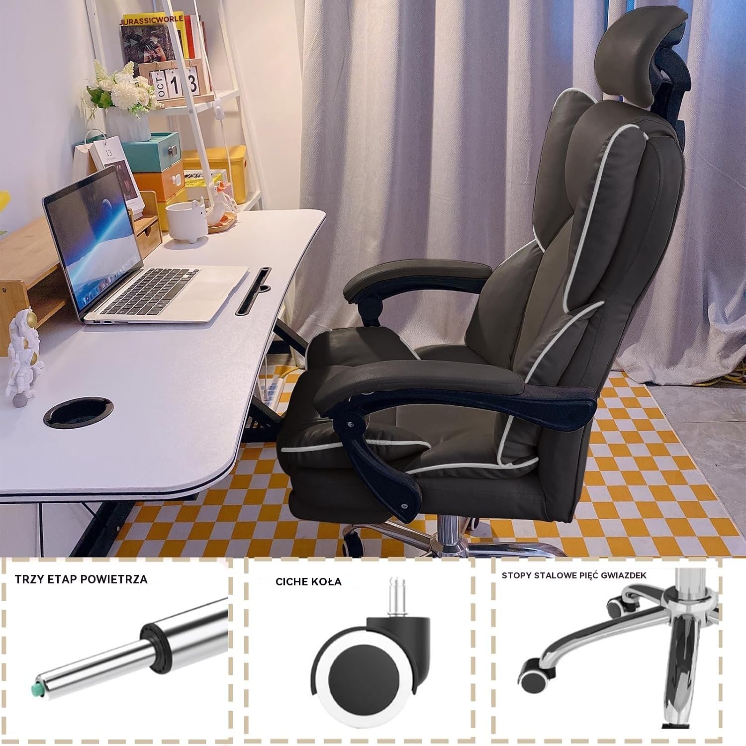 Krzesło Biurowe z Zagłówkiem - Wysokie Krzesło Wykonawcze z Podnóżkiem i Ergonomicznym Wsparciem Lędźwiowym - Krzesła Komputerowe i Gamingowe do Domowego Biura(Czarny)