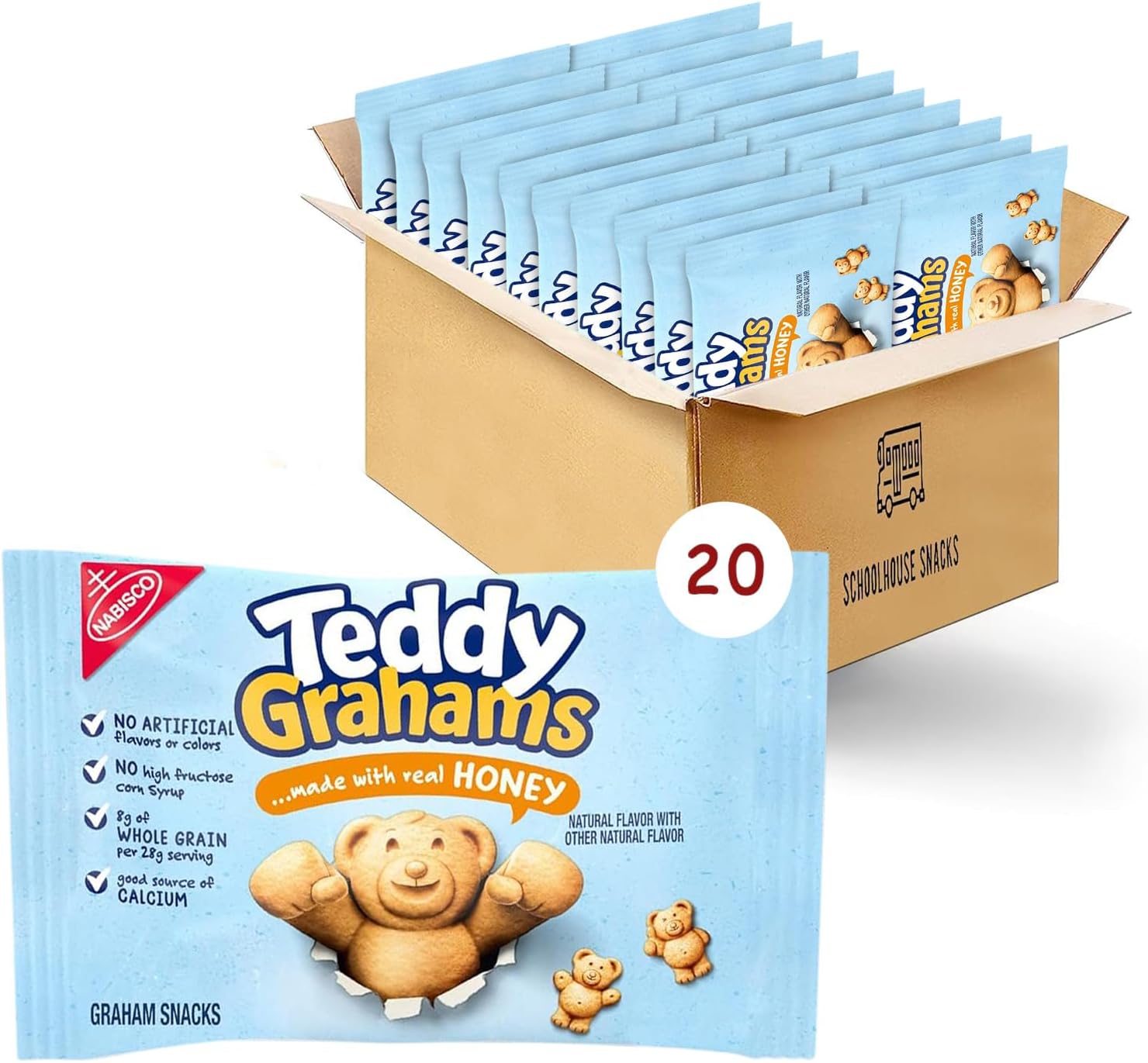 Teddy Grahams Honey Graham Snacks, Teddy Grahams Snack Packs for Kids, 20-1 oz Packs Bundled by Schoolhouse Snacks