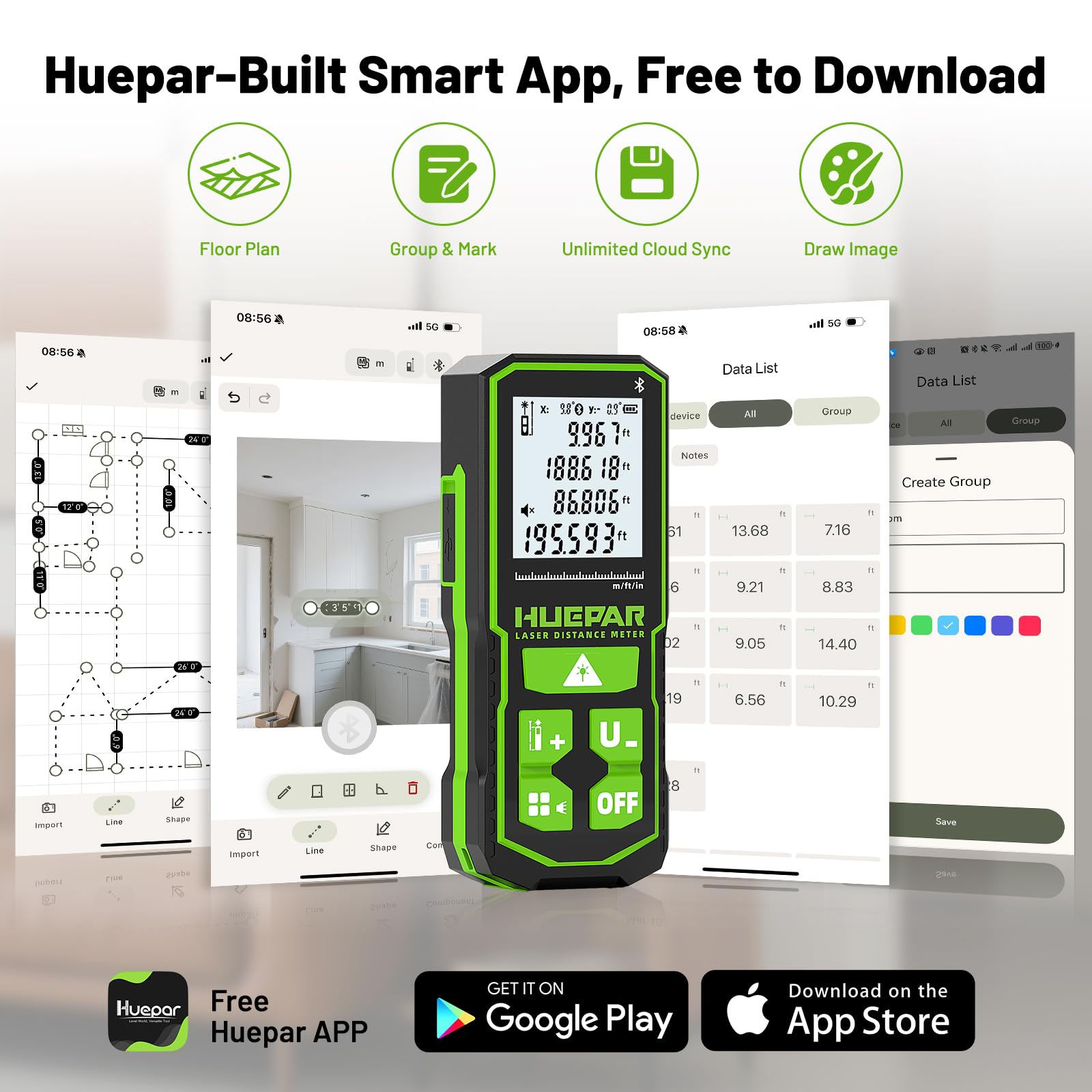 Huepar 120 m Télémètre Laser Vert Bluetooth S120‑G‑BT | Précision ±1,6 mm,Commande par App,Capteur d'angle,Sac de transport, Télémètre laser, Distanciomètre laser numérique