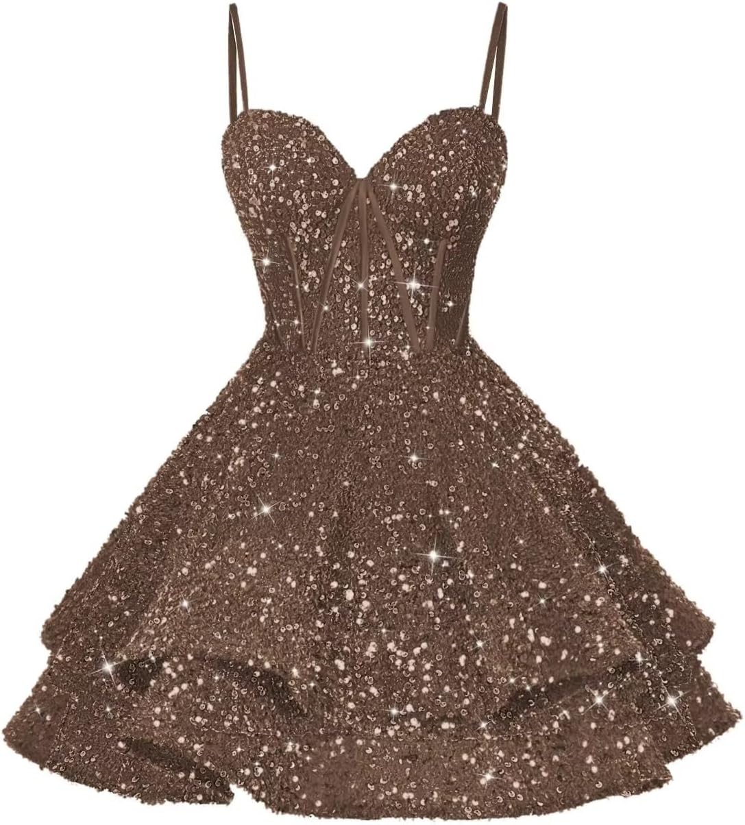 Sequin Homecoming Dresses for Teens Spaghetti Straps Sparkly Short A line Prom Dresses Cocktail Party Gowns