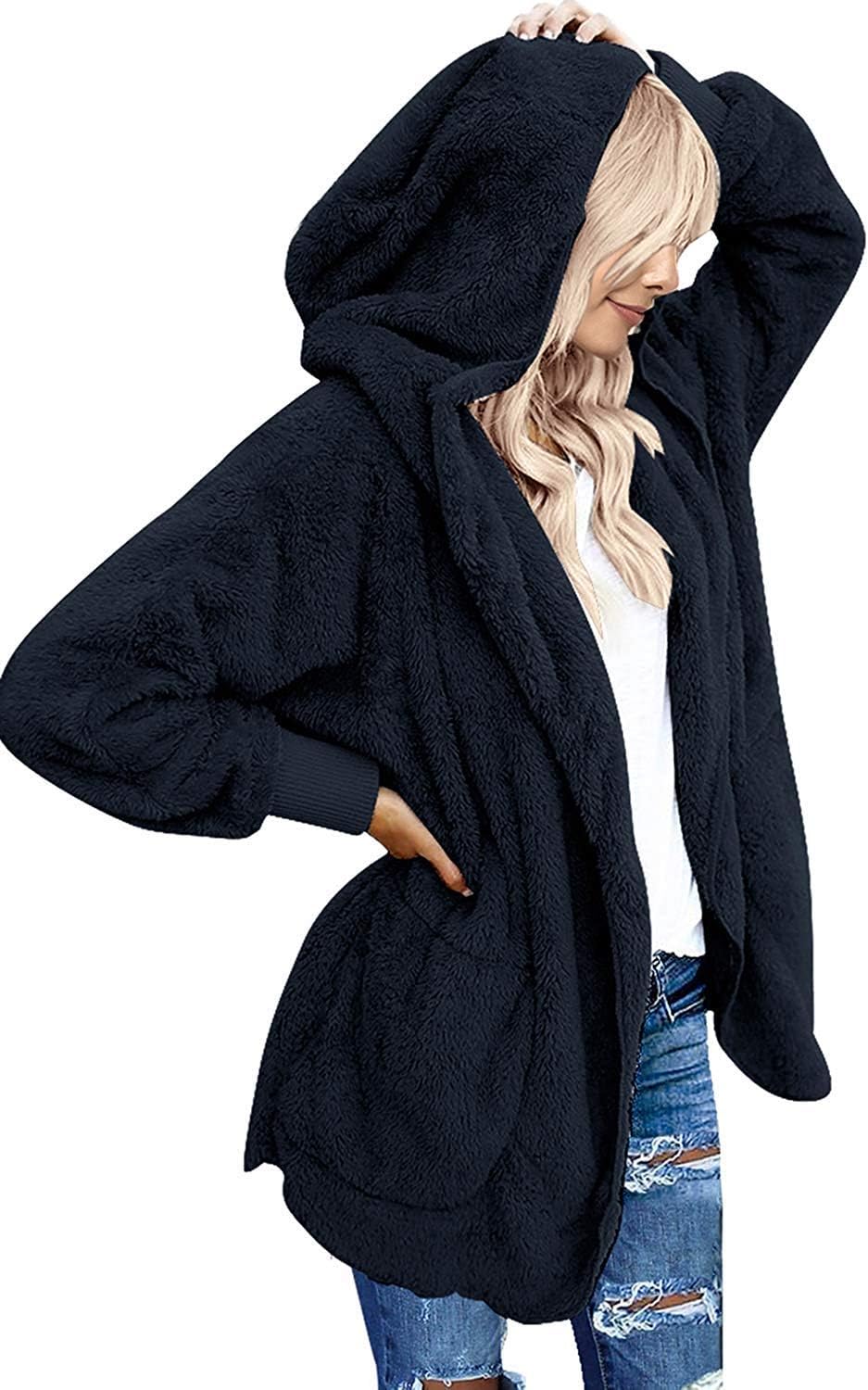 Yanekop Womens Fuzzy Fleece Open Front Hooded Cardigan Jackets Sherpa Coat with Pockets