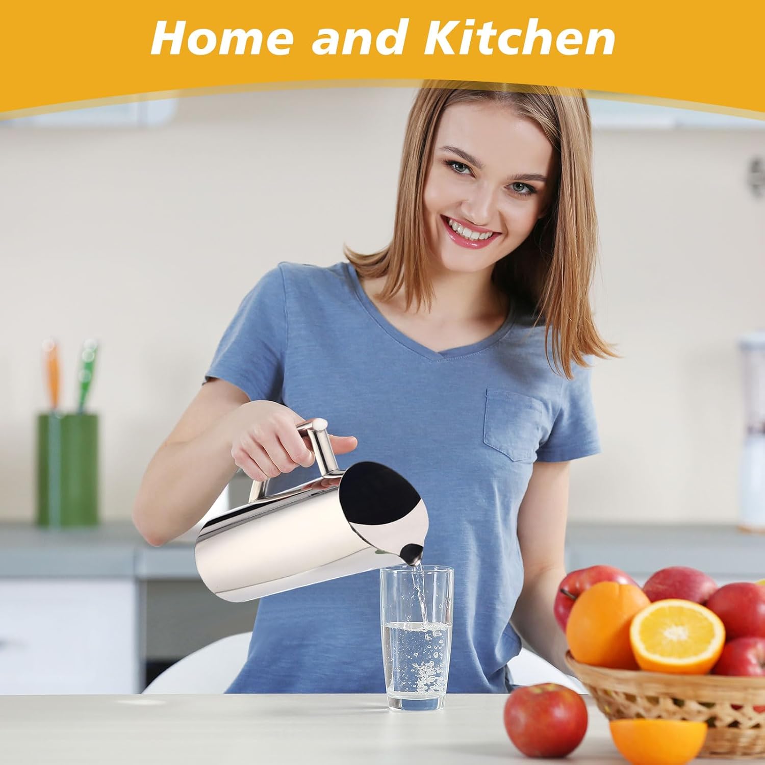 3 Pack Stainless Steel Pitcher with Ice Guard, 53 oz Silver Beveled Mouth Modern Polished Kettle with Handle Metal Serving Pitcher Iced/Hot Drink Jug for Tea, Coffee, Juice, Beer