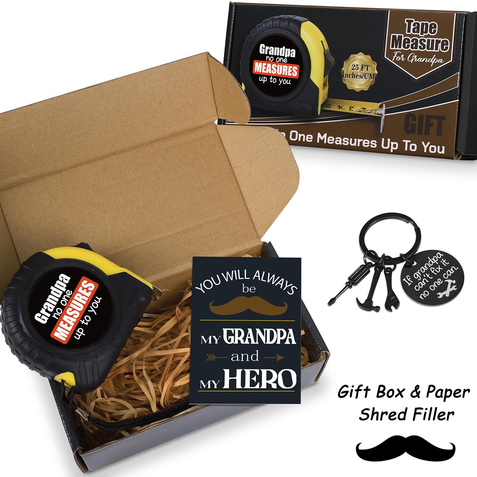 Grandpa Fathers Day Tape Measure + Keychain Gift from Grandchildren, Grandkids - No One Measures Up to You for Grandfather Birthday Gifts (25FT?Printed on Sticker)