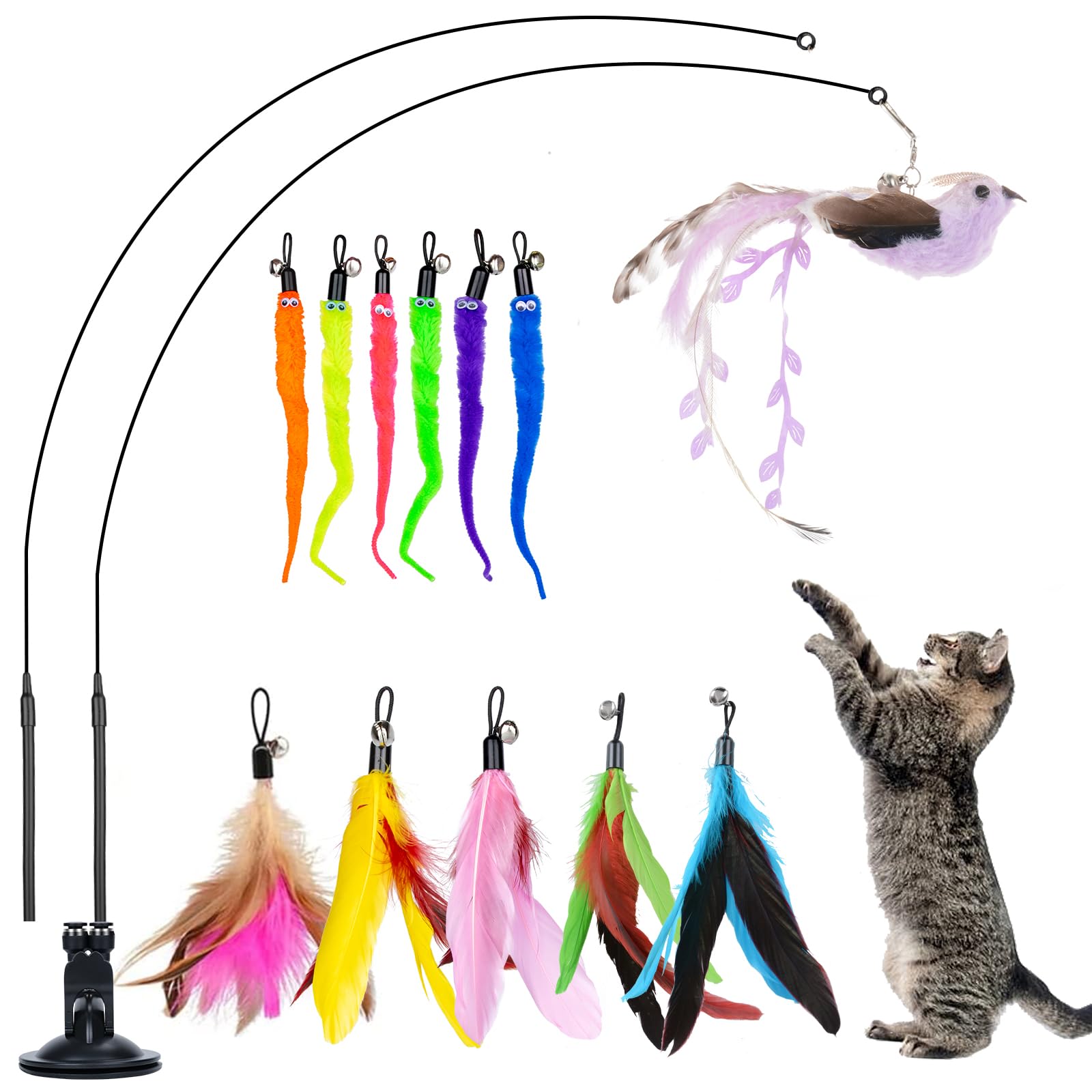 GOHHME 15 Piezas de Juguete Interactivo para Gatos con Pluma, Juguete para Gatos con pájaro, caña de Gato con Ventosa, Juguete con Plumas para Gatos, Juguete de Plumas con Ventosa