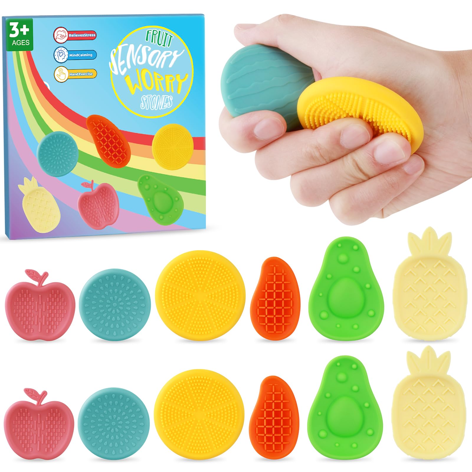 12 PCS Fruit Fidget Toys Sensory Stone for Kids Adults, Textured Soft Sensory Worry Stone Fidget Toy for Autism, Silicone Fidget Toys Worry Stone Travel Toy for Students Anxiety Relief