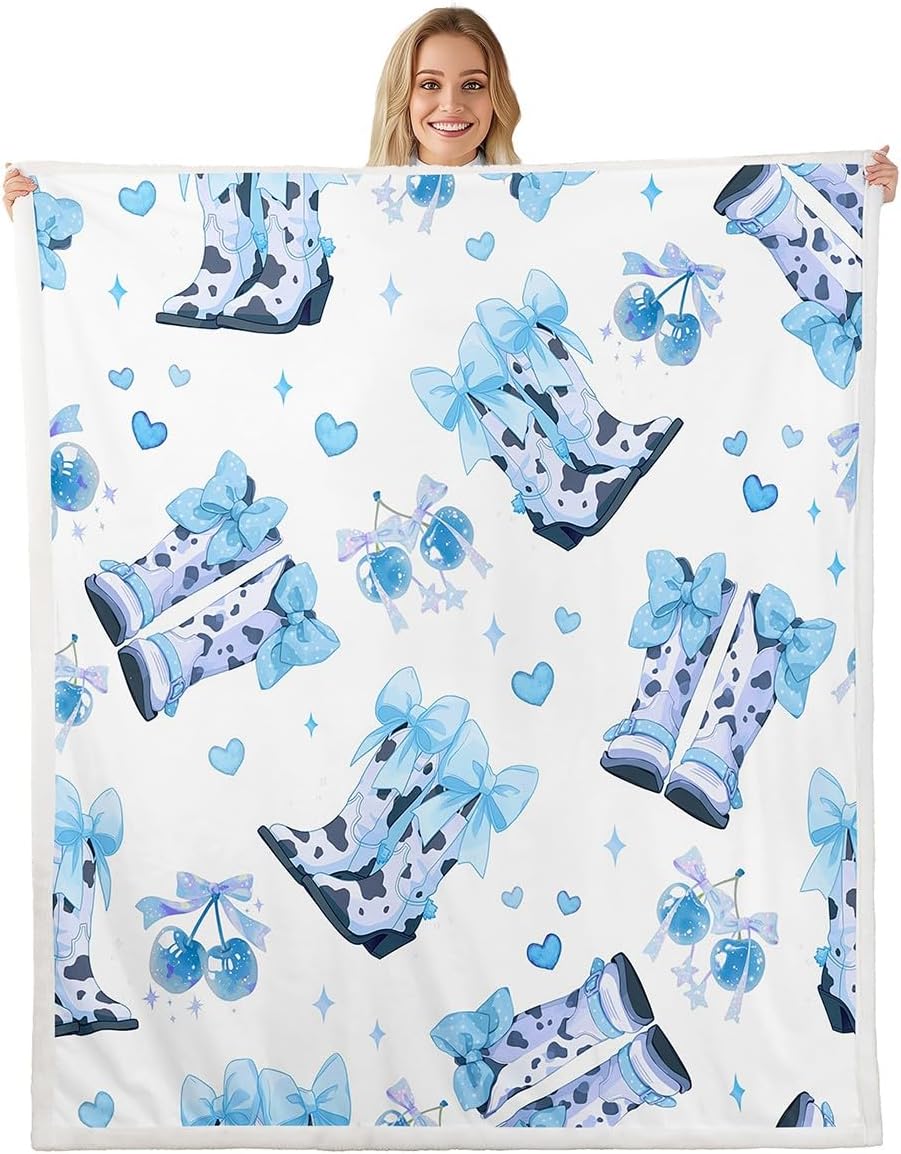 Feelyou Blue Western Sherpa Blanket Throw 50"x60" Cowgirl Cowboy Boots Fleece Throw Blanket for Bed Sofa Couch Kids Girls Cute Bowknot Dreamy Princess Style Plush Blanket Glitter Cherry Fuzzy Blanket