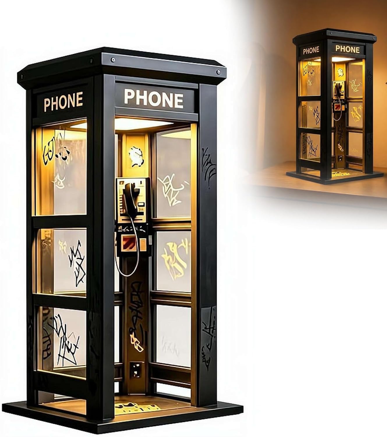 Retro Vintage Tall Phonebooth Lamp Mini Classic Telephone Booth Table Lamp with Warm LED Light, Phone Box Decorative Night Light for Bedroom Office Unique Home Decor Gift (1pcs)