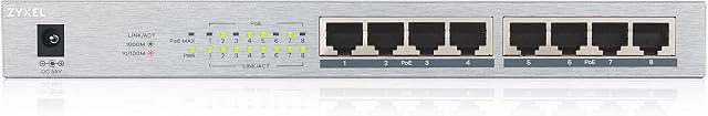 Zyxel 8 Port Gigabit Unmanaged 8 x PoE+ with 60 Watt Budget, UK Plug [GS1008HP]