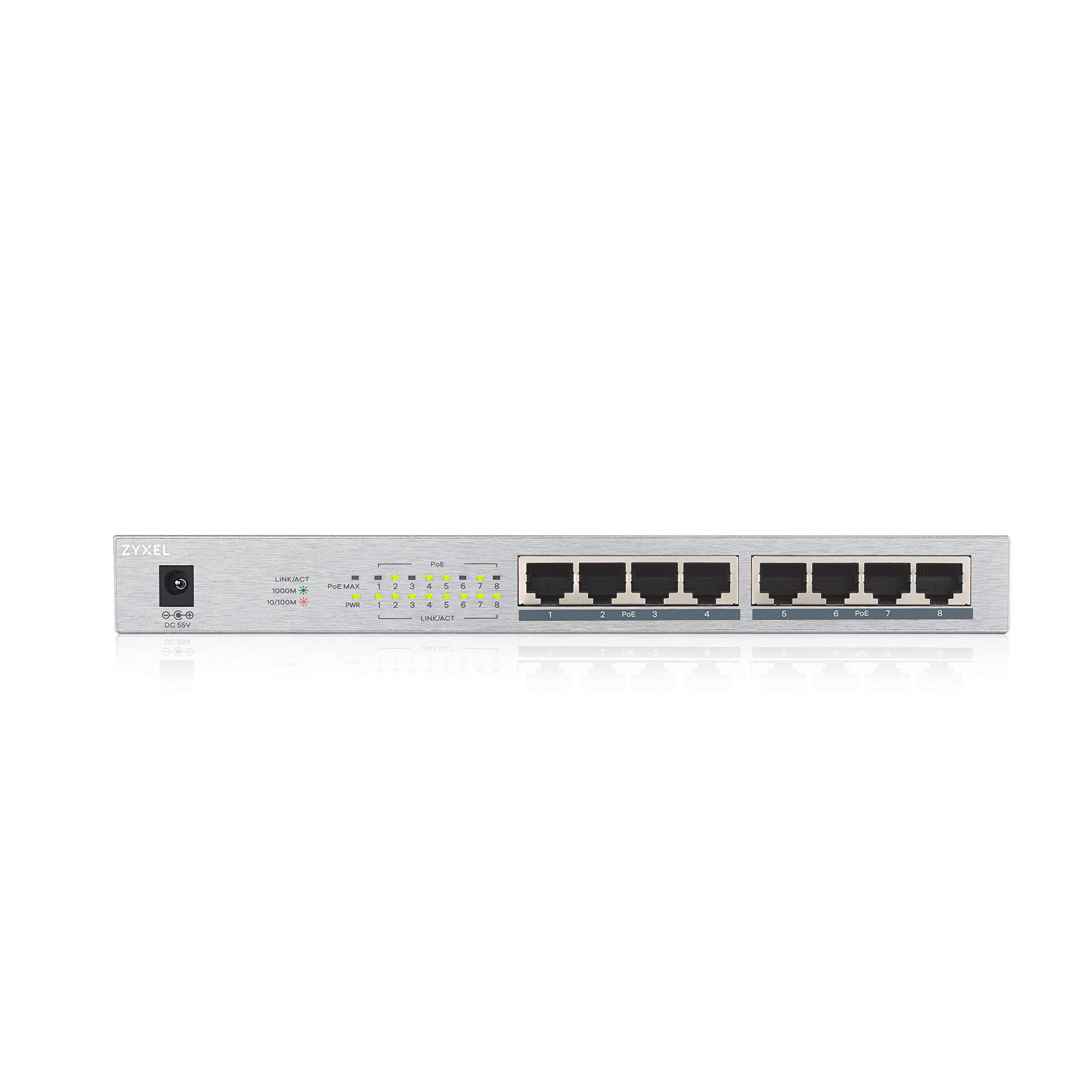 Zyxel 8 Port Gigabit Ethernet Unmanaged POE+ Switch | 8 x PoE+ @ 60W | Plug & Play | Sturdy Metal w/Shielded Ports | Desktop or Wall-Mount | Fanless | Lifetime Warranty | Ethernet Splitter | GS1008HP